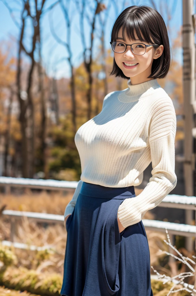 (8k, RAW photo, photorealistic, HQ, masterpiece), (whole body, full body), a cute Japanese girl,(glowing eyes), 
(shy smile), Rimless Glasses, brown hair, fluffy Pixie Bob hair, large breasts, curvy, (A big baggy wool sweater layered over a simply long skirt), 
standing pose, Seductive pose, (winter nature park), 
blurred background, depth of field, natural lighting, backlighting, face lightning, 