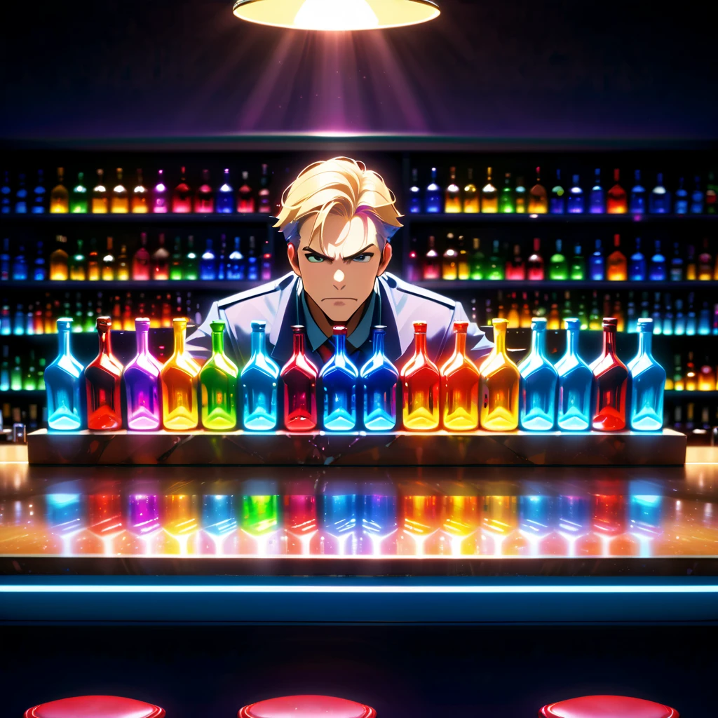 1Man,male,middle age,About 40 years old.,grey eyes,V-shaped eyebrows,blonde hair,short hair,scowl,chin raised,(head rest),Hardboiled Novel Detective,in 1930's,(at bar),(Colorful bottles lined up on the counter:1.5),(indirect lighting, bottles),(lounging, Dark bar),(cocktails:1.2),(Bar counter:1.3),(Luster),masterpiece,best quality,newest,cinematic angle,depth of field,newest,ai-generated,codeandigital, c0dean0igital, cyberw0rlds,