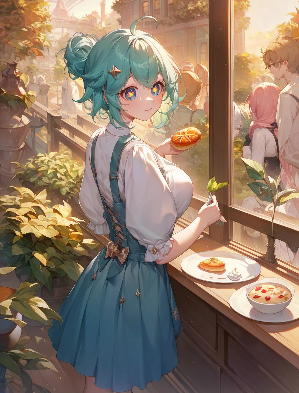 (masterpiece) , top quality, great quality, very aesthetic, absurd,up to date,  anime style, break　Gnostic_Nella , indoor, Cafe,  eats pudding , Star Eyes ,  fully clothed