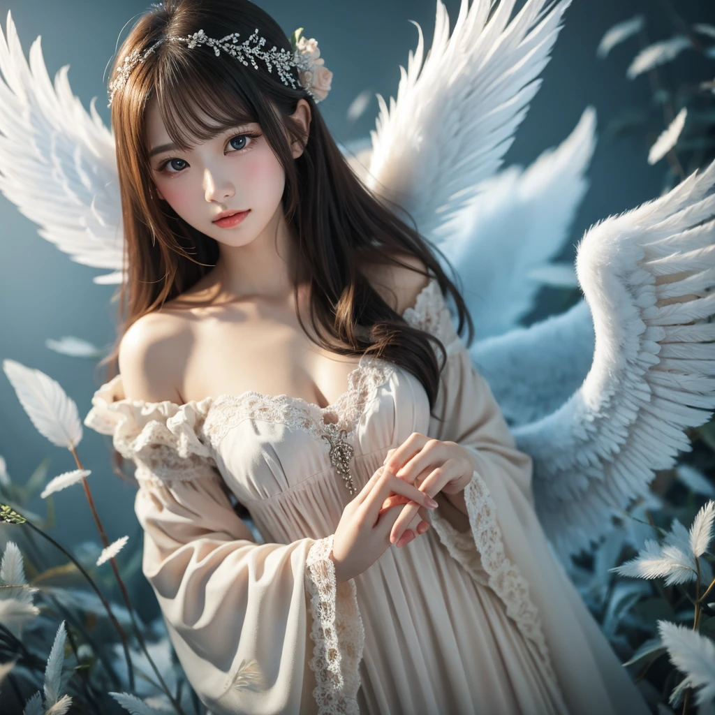 町 Fantastic、Super mysterious、 Angel with Hidden Face、Beautiful Feathers、 beautiful figure 、 Fantastic、 Super Detailed Image 、