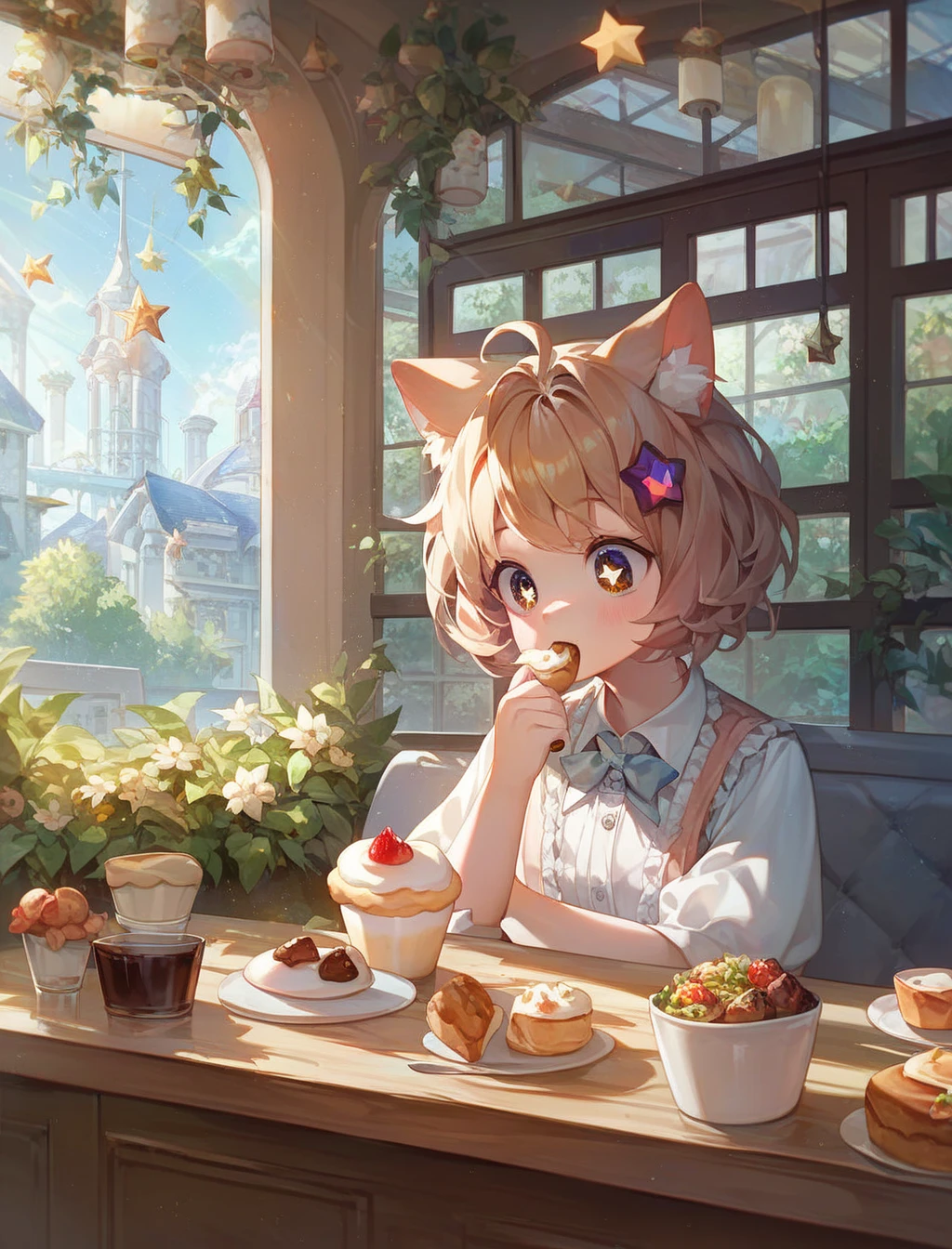 (masterpiece) ,best quality,amazing quality,very aesthetic,absurdres,newest, anime style, BREAK Gnosis_Nella, indoors, cafe, eating pudding, star eyes, fully clothed