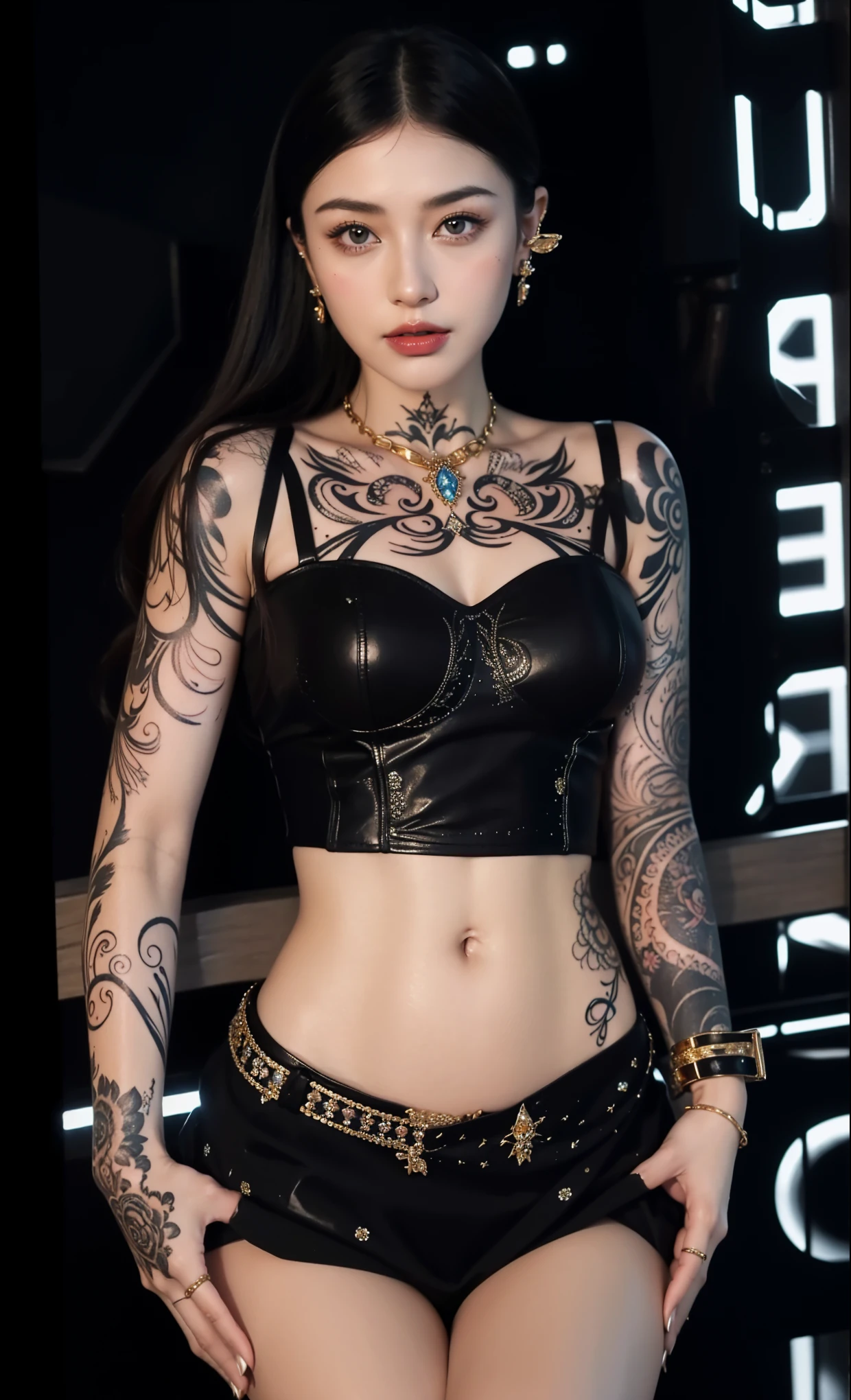 Perfect style, Pretty Face, Highly detailed face and skin textures, (Maximum resolution: 1.2), 1 female, Solitary, Hips up, Jewelry, (((She has many tattoos all over her body)), Streetwear, I'Working out at the gym, Pink Hair, shorts, Sports boots, (((Tight waist))), ((Large Breasts))