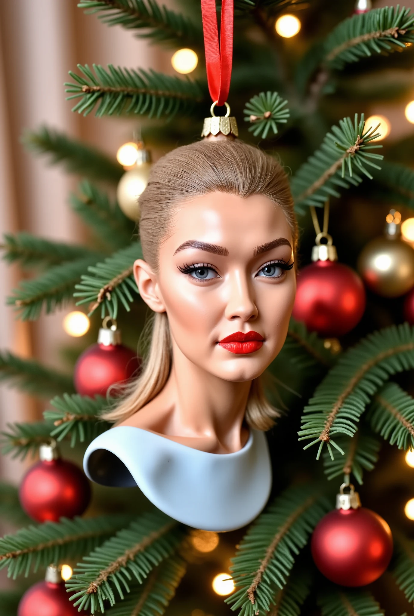 This is a high-resolution photograph of a b4ubl3f4c3 style Gigi Hadid, a Christmas ornament hanging from a beautiful tree in a warm homely room.