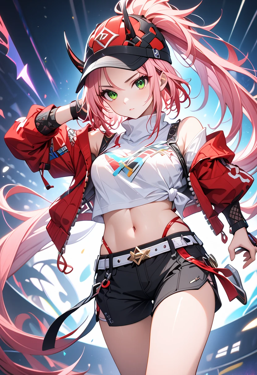 in the theater, audience,(((( spot light))),

1 girl, solo, standing, fighting stance, holding the huge red shuriken,((( smugness))),((( stylish pose))), cute, pink hair, very long hair, ponytail, green eyes,( turtleneck white shirt with stomach, short sleeves, a little bare shoulders, pattern detailed),( red cropped jacket,a little bare shoulders,right long sleeves, left no sleeves), medium breasts, black shorts with white belt, bare legs, baseball cap, horned hat,red jacket, open jacket, tied shirt, midriff, fingerless gloves, navel, black shorts, short shorts, belt, black footwear, toeless footwear

,( masterpiece:1.2), ( best quality:1.2), ( very aesthetic:1.2), ( anime coloring), ( detailed background), newest, perfect anatomy, AI-generated, intricate details,