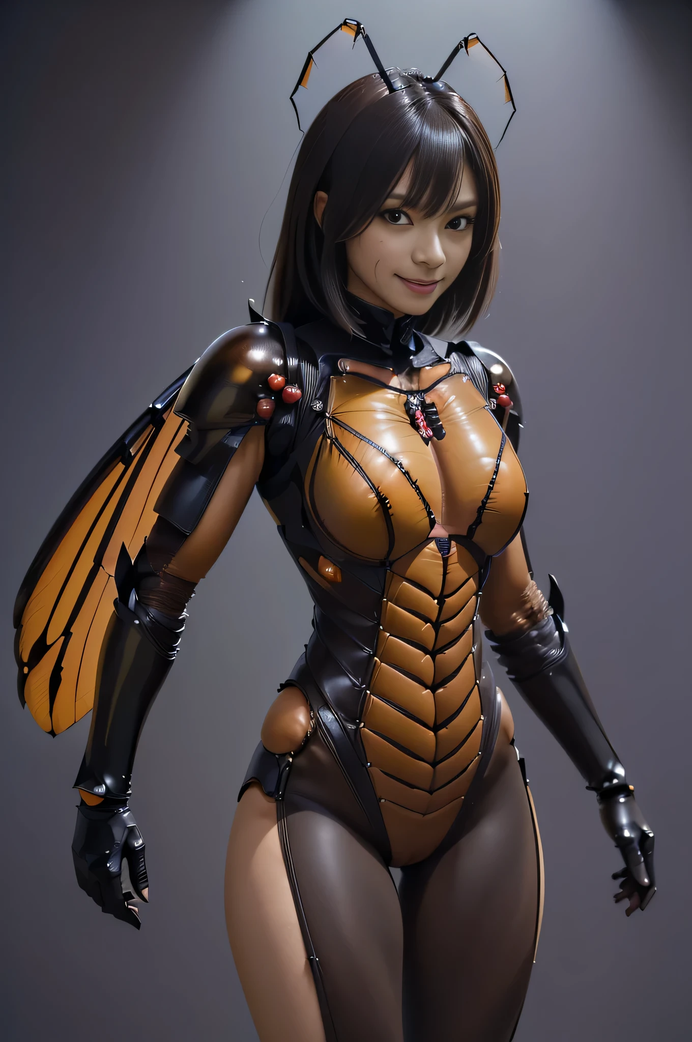 (high resolution,masterpiece,best quality,extremely detailed CG, anime, official art:1.4), realistic, photo, amazing fine details, all intricate, gloss and shiny,awesome many layers, 8k wall paper, 3d, sketch, kawaii, illustration,( solo:1.4), perfect female proportion,villainess, (fusion of dark brown cockroach and lady:1.4), (brown cockroach form lady:1.2), (brown cockroach lady:1.2), (fusion:1.2), (solo:1.4), (evil smile:1.2), muscular, abs, (cockroach brown exoskeleton bio insect suit:1.4), (cockroach brown exoskeleton bio insect armor:1.2), (brown transparency cockroach wing:1.4), (brown cockroach antennae:1.3),