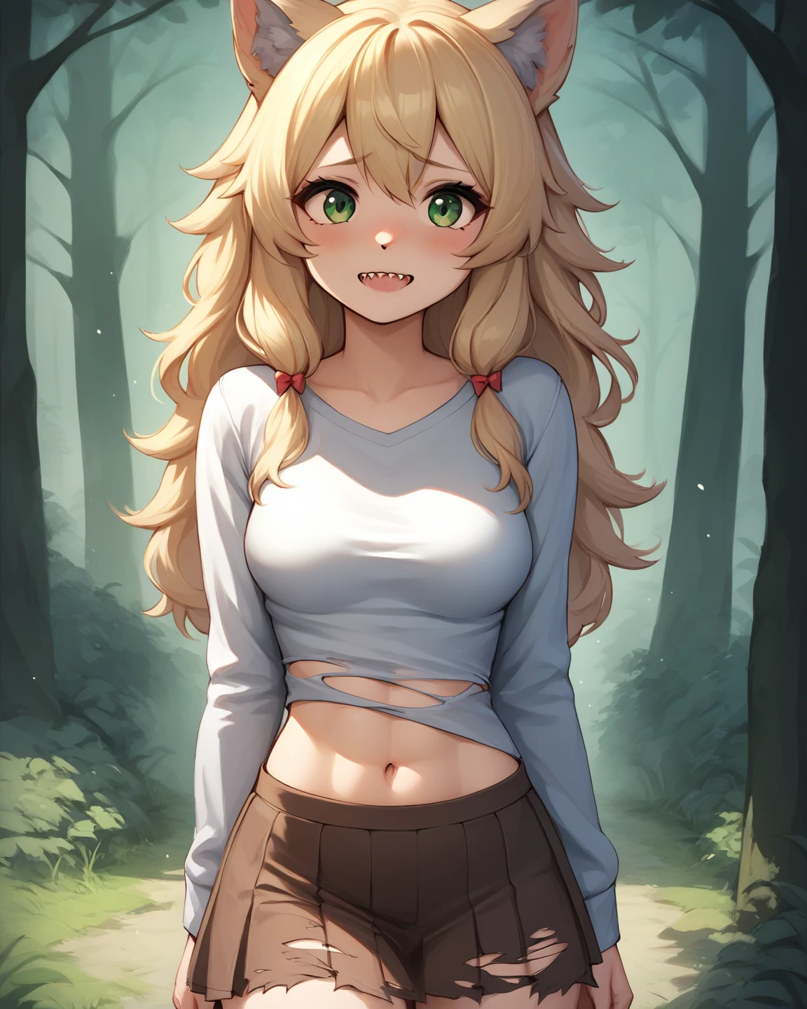 cute girl,blonde hair,wavy long hair,green eye,medium breasts,BREAK wolf girl,grey fur,wolf ears,twofurtone,grey fur ears,grey fur body,girl morphing into werewolf),sharp teeth,BREAK loose long sleeve shirt,brown poncho, short brown skirt,ripped clothes,ripped skirt,anime,shy face,forest,facing viewer