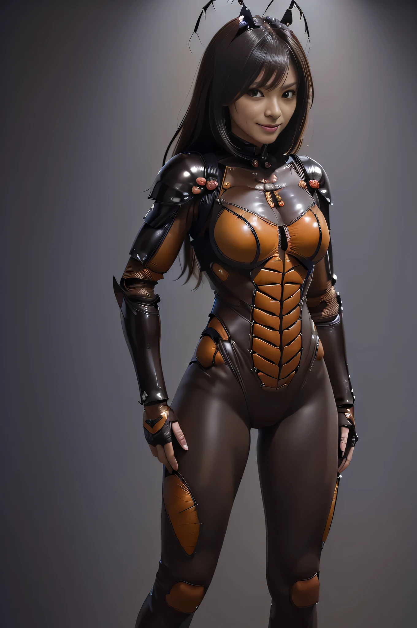 (high resolution,masterpiece,best quality,extremely detailed CG, anime, official art:1.4), realistic, photo, amazing fine details, all intricate, gloss and shiny,awesome many layers, 8k wall paper, 3d, sketch, kawaii, illustration,( solo:1.4), perfect female proportion,villainess, (fusion of dark brown cockroach and lady:1.4), (brown cockroach form lady:1.2), (brown cockroach lady:1.2), (fusion:1.2), (solo:1.4), (evil smile:1.2), muscular, abs, (cockroach brown exoskeleton bio insect suit:1.4), (cockroach brown exoskeleton bio insect armor:1.2), (brown transparency cockroach wing:1.4), (brown cockroach antennae:1.3),