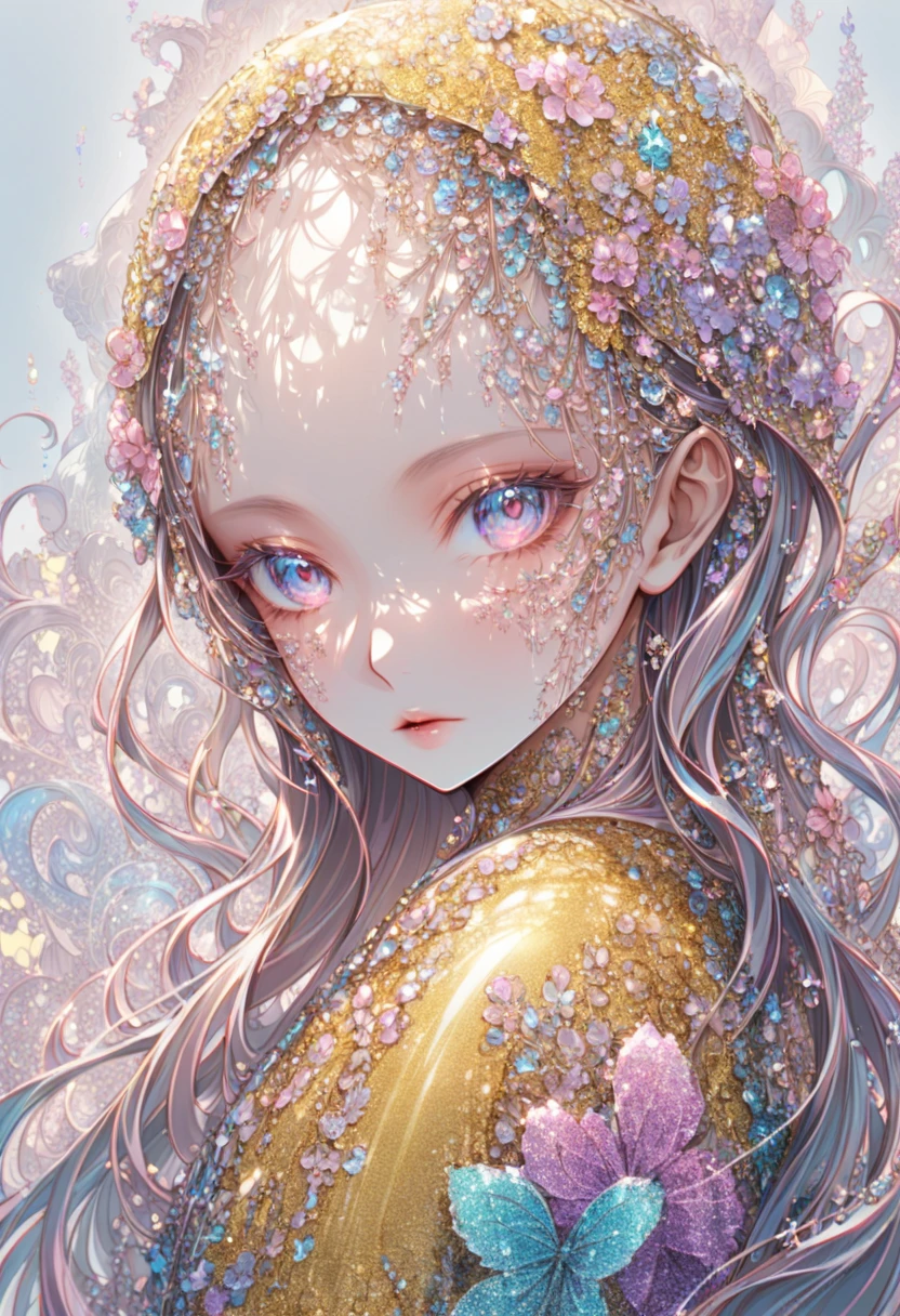  Nova Chroma Style Glitter,Integrated Composition , An old woman waiting for the arrival of spring、 Long Hair Fluttering 、 beautiful face、 realistic、 illustrator、 Red and Yellow Style 、 white background 、 detailed writing 、 anatomically accurate depiction 、 Accurate Human Depiction 