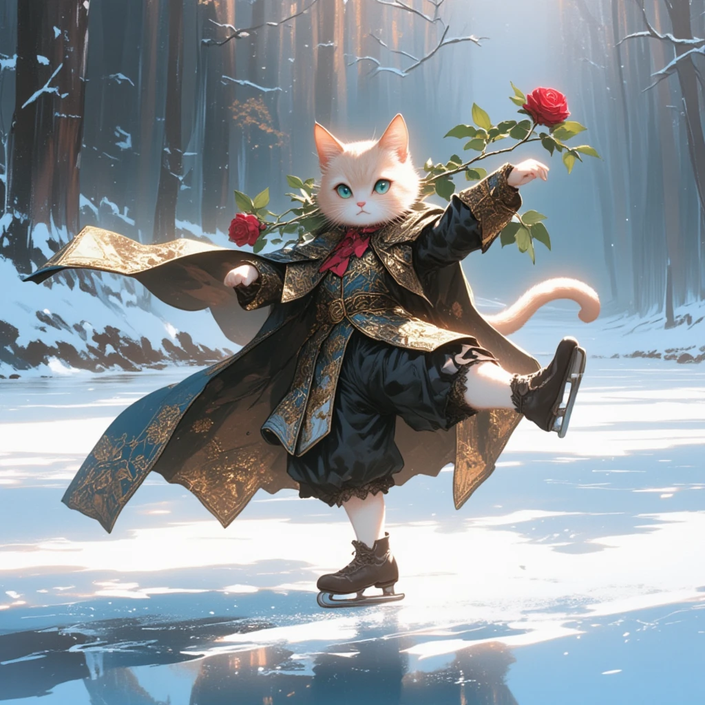 A cute and chubby cat holding a rose in its mouth, performing a dynamic skating pose on a frozen lake. The cat stands on one paw, with the other leg extended gracefully behind it in an arabesque position. One front paw is raised slightly as if balancing, while the flowing cape swirls around its body, emphasizing the motion. The elegant medieval-style noble outfit, featuring intricate embroidery and luxurious fabrics, complements the regal and artistic atmosphere. The serene winter background reflects the cat’s pose, creating a harmonious and magical scene.