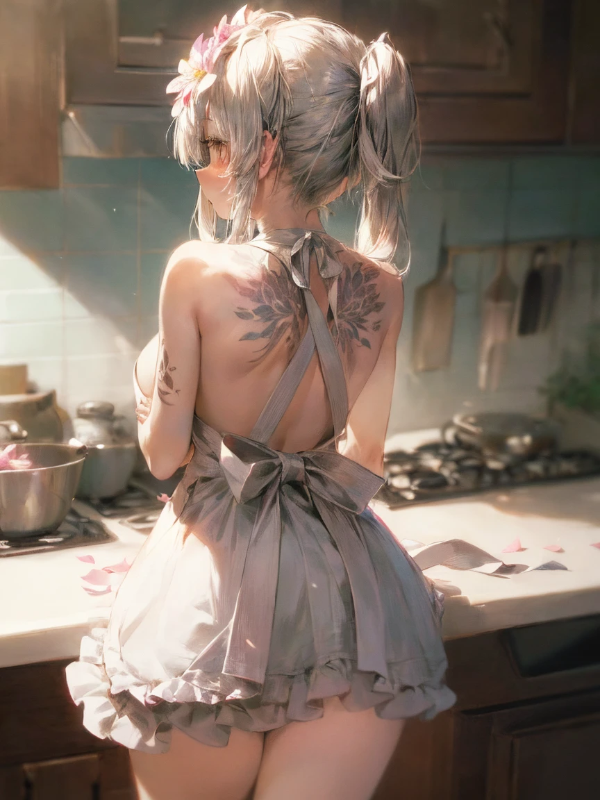 (masterpiece, highest quality:1.2), (1 girl) , 
((Naked Cute Apron with Flower Petals)), (Wife) , (kitchen)
, (eyes half closed), (large tears), (lots of drool), The body shakes violently, ((Hasselblad Photos)), [:(detailed face:1.2):0.2], 
silver hair twin tails
 , (Cute tattoo) , Big breasts   , from behind, nsfw
