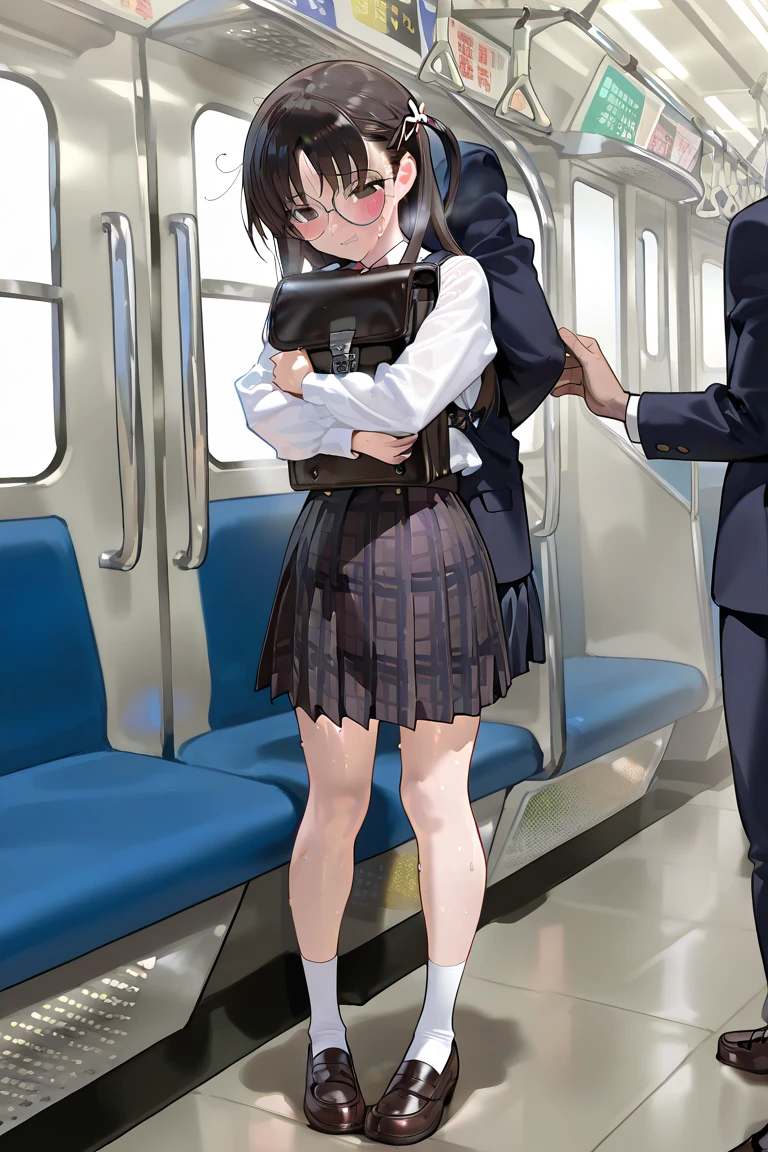 14 old, japanese school girl, round glasses,dark brown hair,at train,perfect body,straight hair,black hair,hair pin,easy-going face,White shirt blouse,sweaty, plaid skirt,troubled smile, twin tail, blush、molested, anatomically correct,hug,,1 girl,(molestation: 1.5), 1 girl, (full body shot), 1 man, (((school girl being molested: 1.5))), ,