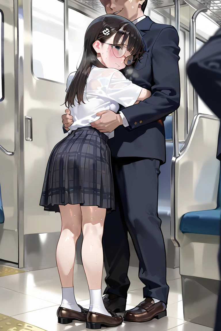 14 old, japanese school girl, round glasses,dark brown hair,at train,perfect body,straight hair,black hair,hair pin,easy-going face,White shirt blouse,sweaty, plaid skirt,troubled smile, twin tail, blush、molested, anatomically correct,hug,,1 girl,(molestation: 1.5), 1 girl, (full body shot), 1 man, (((school girl being molested: 1.5))), ,