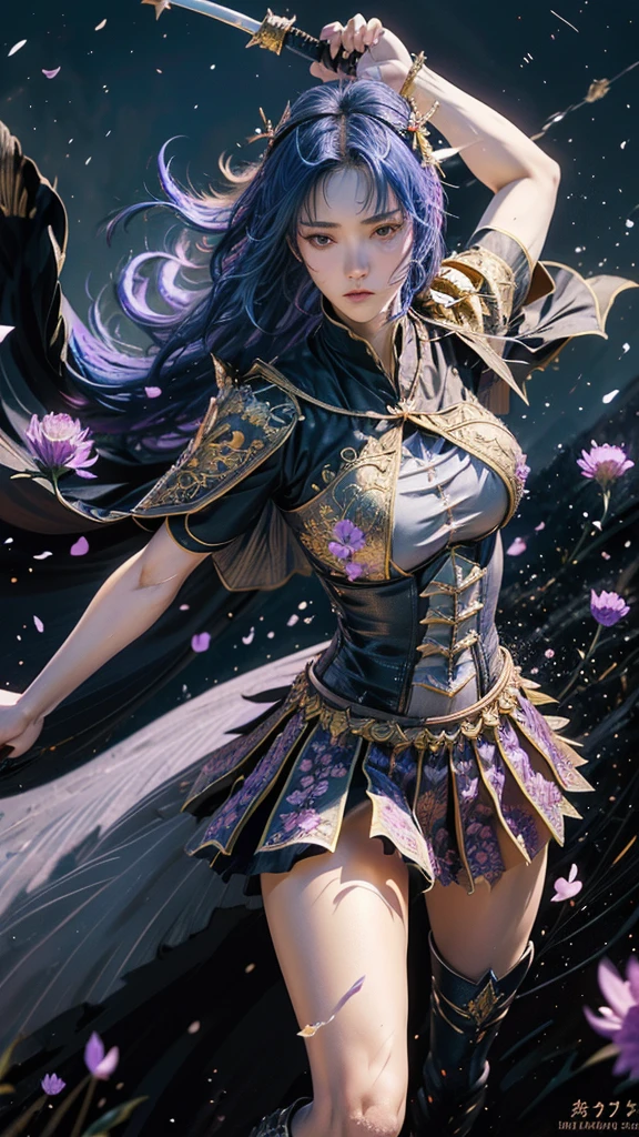  A young Japanese woman , warrior,  Wicked Expression ,,Combat Stance, wielding a sword,  very detailedな,  full body view,(spread legs),    Brilliant Appearance , Creative Action,  Extremely Detailed , Imaginative,  sensual,  Spontaneous ,  top quality,  skin texture,  ((long hair)),  ((hair over eyes)),  ((midnight blue hair)),   toned body,  ((huge breasts)),  Big Breasts,   plump thighs,   purple armor with a thistle flower pattern engraved on it is a bikini type and is designed to emphasize chest exposure,  ( Wear a black cloak with a thistle flower pattern ),  peplum skirt,   black shin guard with thistle flowers engraved ,  White high-leg underwear ,  Black tights,   absolute domain,  intricate details , ( Cinematic Lighting ),  Dramatic lighting,  ((Clear Sky Thunderbolt)),  (( Full bloom thistle flowers are blooming in full bloom in the background )),  (( Large thistle flowers blooming in full bloom on the front )),    RAW photos , 8k, masterpiece,   top quality, ultra detailed , Extremely Detailed イラスト, very detailed,  intricate details , high definition ,超 intricate details, very detailed 8k cg wallpaper,