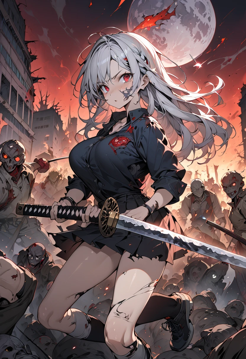  (best quality),(very aesthetic),(ultra-detailed),(best illustration),( highres icon), (beautiful),(masterpiece),(extremely detailed face), A high school girl fighting against a group of zombies in ruins,1girl,Alone,red eyes,silver hair,long hair,big breast,wide hip,huge thigis , howl,school uniform,minskirt,thigh-high socks, ankle boots, torn clothes, Holding a weapon in hand, gripping katana, wearing katana sword,mid night, big red moon floating in the night sky, anatomically correct, Zombies Attacking Girls,Zombies to be Defeated ,Abandoned City,Burning City,sparks are scattered ,