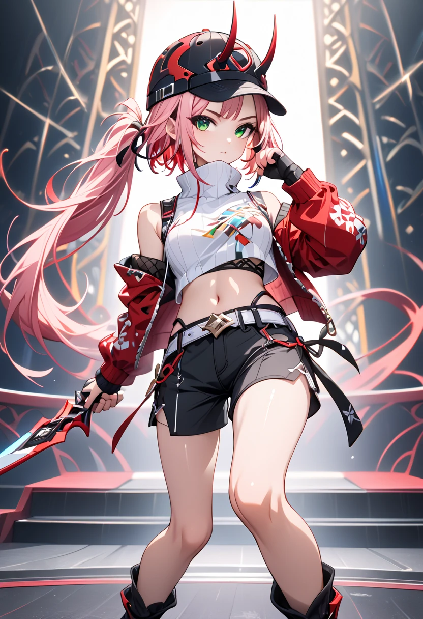 in the theater, audience,(((( spot light))),

1 girl, solo, standing, fighting stance, holding (the Japanese shuriken,red,huge) as a weapon,((( smugness))),((( stylish pose))), cute, pink hair, very long hair, ponytail, green eyes,( turtleneck white shirt with stomach, short sleeves, a little bare shoulders, pattern detailed),( red cropped jacket,a little bare shoulders,right long sleeves, left no sleeves), medium breasts, black shorts with white belt, bare legs, baseball cap, horned hat,red jacket, open jacket, tied shirt, midriff, fingerless gloves, navel, black shorts, short shorts, belt, black footwear, toeless footwear

,( masterpiece:1.2), ( best quality:1.2), ( very aesthetic:1.2), ( anime coloring), ( detailed background), newest, perfect anatomy, AI-generated, intricate details,