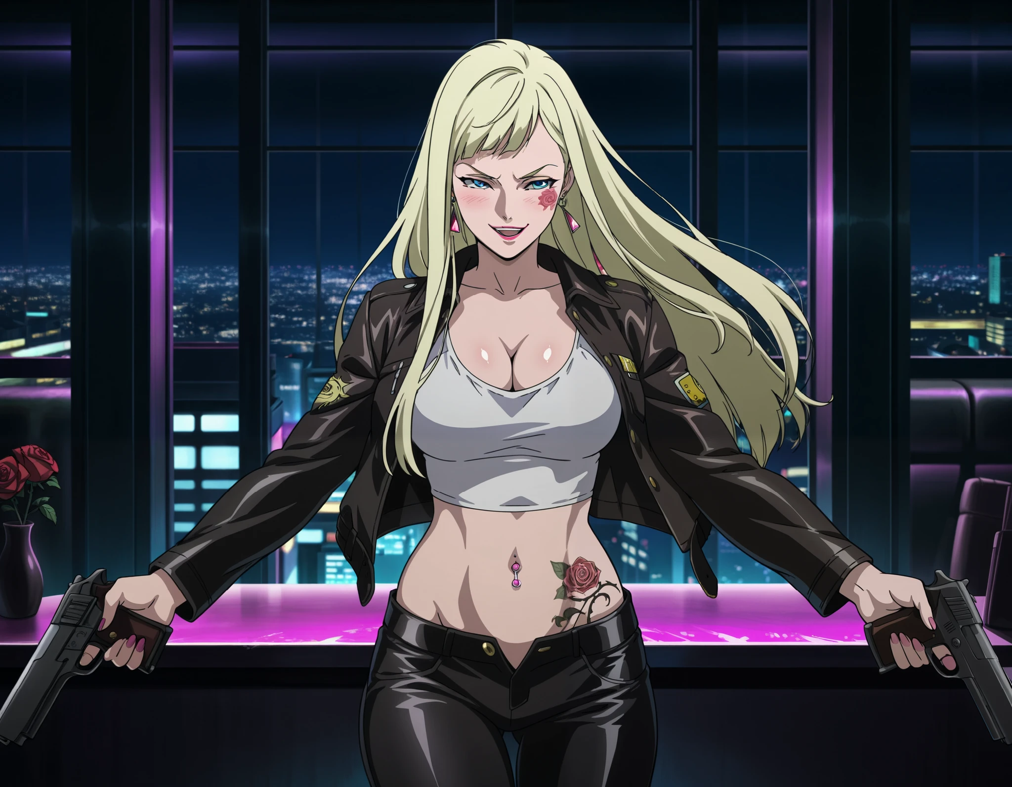 1girl,solo,Andalucia,blonde hair,long hair,blue eyes,earrings,anime coloring, large breast,
ear piercing, long hair, blush, lipstick,Hot girl, sensual, attractive,  indoors, bar background, inside bar, cityscape, building, nightclub, city lights, masterpiece, best quality, highly detailed, a girls with a gun, evil smile , open mouth, sexy gaze, badass
pose , evil smile, smile, (nsfw) not safe for work, guns blazing, anime girl with long hair, beautiful long
haired girl, navel, evil expression, exposed belly, exposed navel, exposed midriff, exposed lower belly,
long black pants, crop top, cleavage, unbuttoned leather pants ,open fly, low rise black leather pants,
leather jacket, holding a gun, holding pistol, navel piercing , cleavage, unbuttoned shirt,shirt, knot,, dragon tattoo, tattoo on body, tattoo midriff, rose tattoo, shiny skin, open arms sideway, arms T-pose, smirk, standing, anime girl T posing