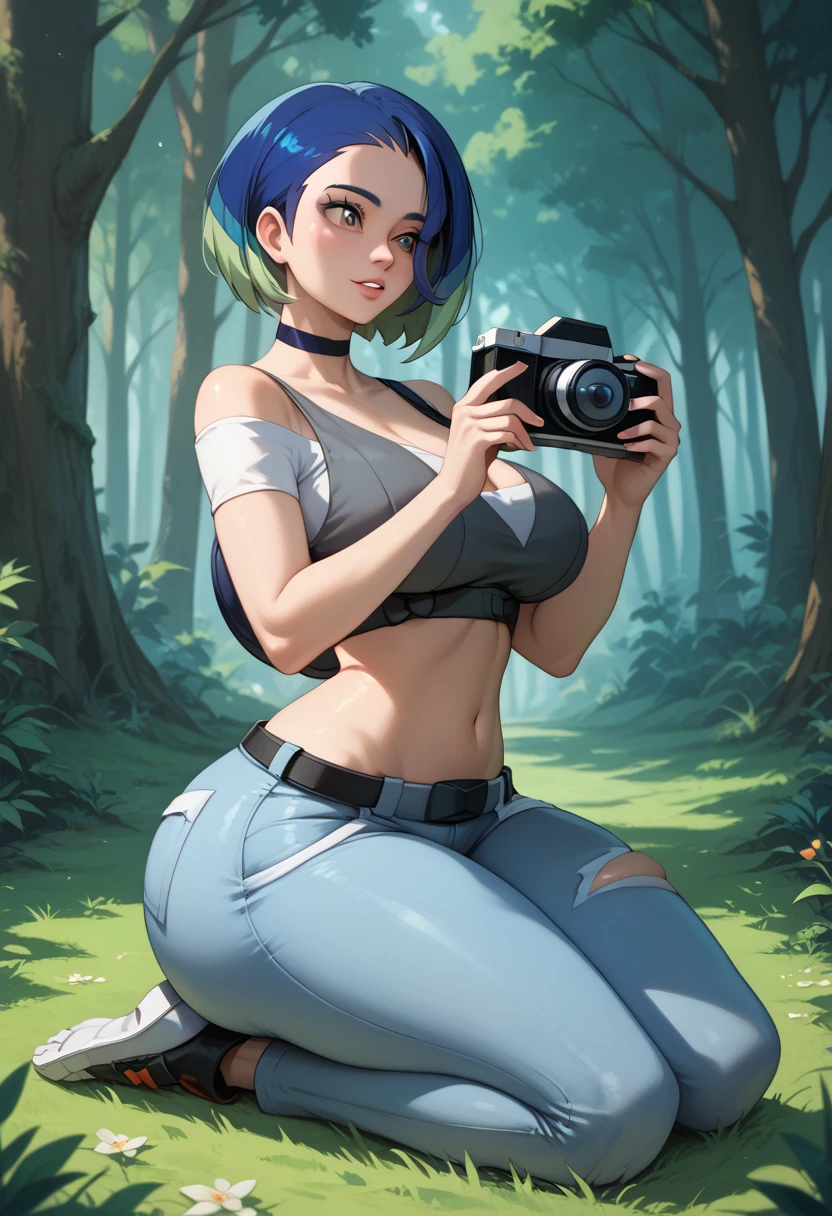 (masterpiece, best quality:1.2), highres, solo, 1girl, perrin_pokemon, blue hair, multicolored hair, crop top, pants, choker, belt, midriff, dense forest, kneeling, taking a picture, holding camera, cowboy shot, huge breasts, wide hips, thick thighs, from behind, huge ass, ass expansion, looking away, torn pants, panties