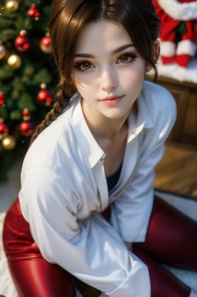 Brown hair, solo, sitting, realistic, detailed, beautiful face, Brown eyes, Japan face, makeup, white shirt, BLUE pants, gloves, Christmas tree, Christmas gift, Christmas, perfect hands, red headband, braids
