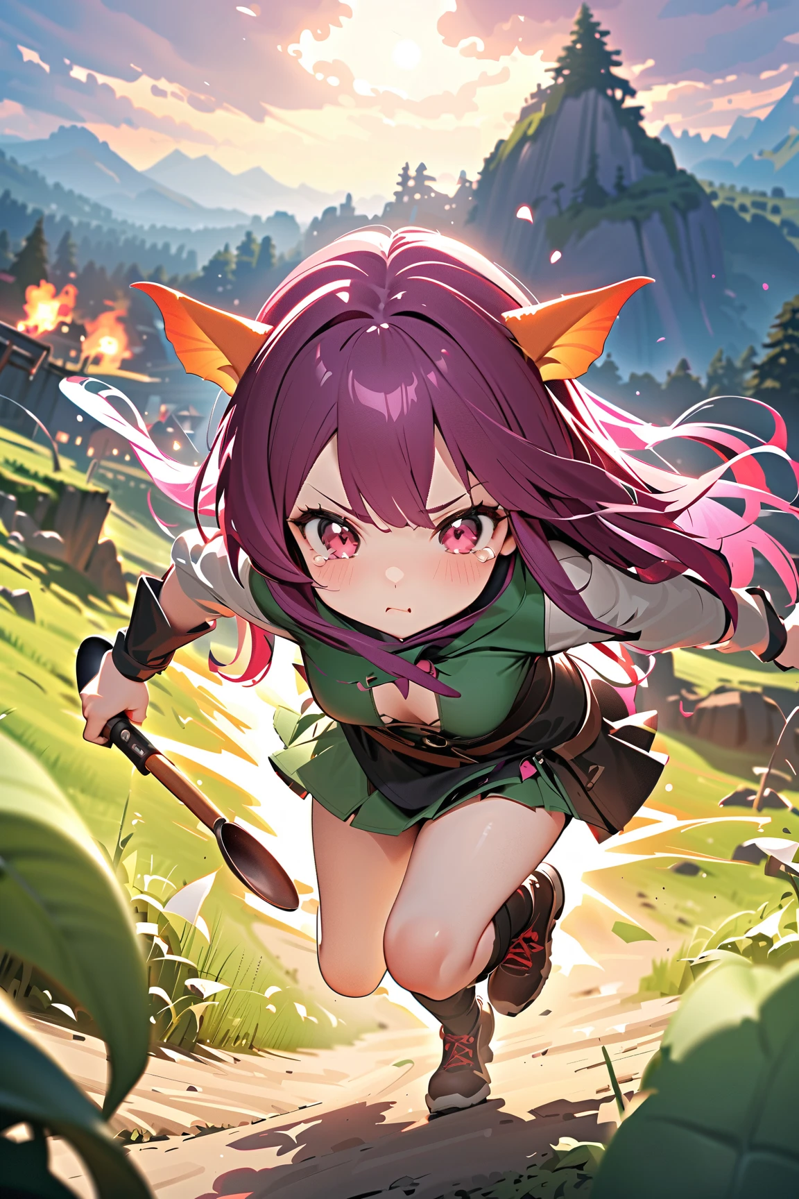 1 girl, (cute face), , long hair, (frustrated expression), (pouting with tears), medium breasts, slim, (wearing a quirky rogue outfit with a short skirt), above knee length, (fair skin),  
BREAK  
Goblin camp, goblins in panic, (swinging a frying pan like a weapon:1.2), (goblins running away:1.2), outdoors  
BREAK  
(bright, exaggerated lighting, comedic chaos, dynamic action), playful atmosphere, action shot, character focus,  
BREAK  
high fantasy, game cg, absurdres, highres, ultra detailed, beautiful, (masterpiece), (best quality:1.2),
