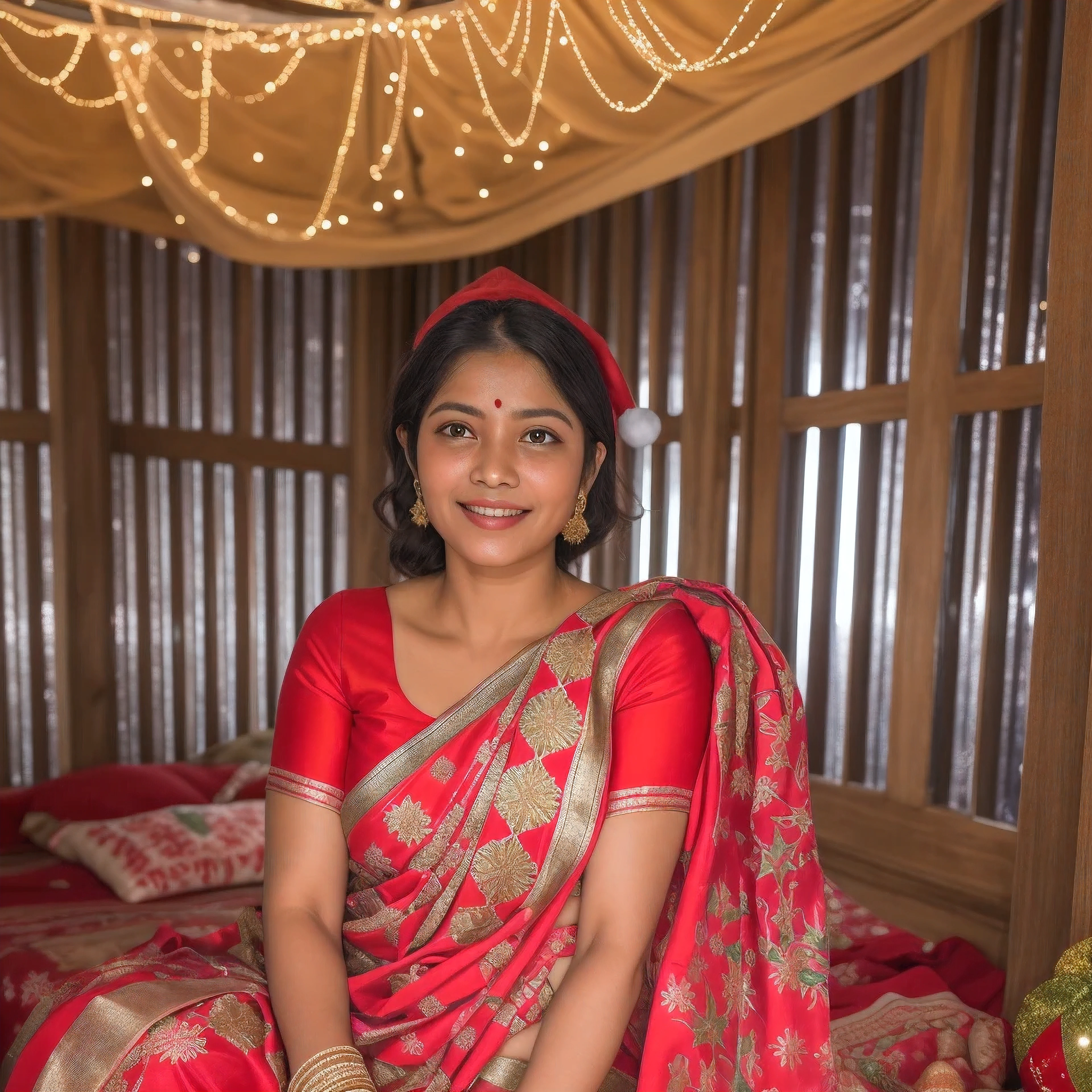 woman in a pink sari sitting on a bed in a room, assamese, wearing bihu dress mekhela sador, photo of a woman, 3 0 years old woman, at night time, 30 years old woman, very very low quality picture, photo taken in 2 0 2 0, traditional beauty, candid picture, portait image, profile image,HD, (finest details), (best quality), Merry, Christmas decorations, night, Christmas theme, Christmas gifts, Christmas tree, best quality, high resolution, Christmas decorations, lights, snowflakes, (( (Red Christmas hat))),