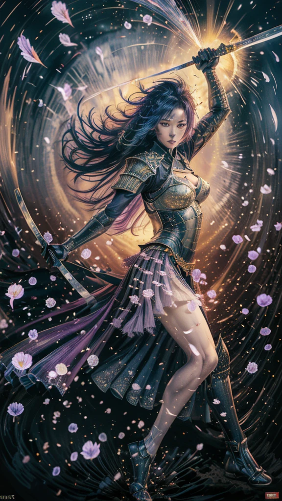  A young Japanese woman , warrior,  Wicked Expression ,,Combat Stance, wielding a sword,  very detailedな,  full body view,(spread legs),    Brilliant Appearance , Creative Action,  Extremely Detailed , Imaginative,  sensual,  Spontaneous ,  top quality,  skin texture,  ((long hair)),  ((hair over eyes)),  ((midnight blue hair)),   toned body,  ((huge breasts)),  Big Breasts,   plump thighs,   Purple armor with a thistle flower pattern engraved on it is a bikini type design that emphasizes chest exposure,  ( Wear a black cloak with a thistle flower pattern ),  peplum skirt,   black shin guard with thistle flowers engraved ,  White high-leg underwear ,  Black tights,   absolute domain,  Intricate Details , ( Cinematic Lighting ),  Dramatic lighting,  ((Clear Sky Thunderbolt)),  (( Full bloom thistle flowers are blooming in full bloom in the background )),  (( Large thistle flowers in full bloom on the front )),    RAW photos , 8k, masterpiece,   top quality, ultra detailed , Extremely Detailed イラスト, very detailed,  Intricate Details , high definition ,超 Intricate Details, very detailed 8k cg wallpaper,