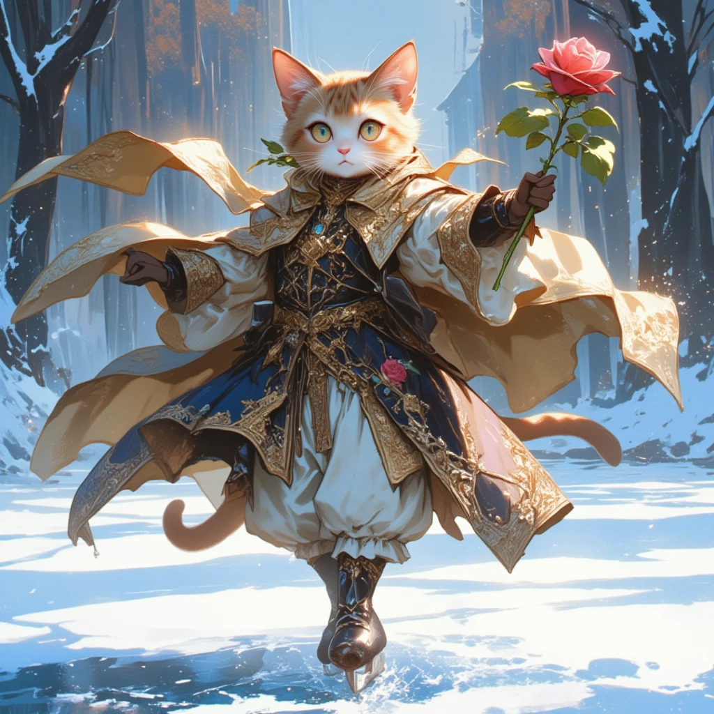 A cute and chubby cat holding a rose in its mouth, performing a dynamic skating pose on a frozen lake. The cat stands on one paw, with the other leg extended gracefully behind it in an arabesque position. One front paw is raised slightly as if balancing, while the flowing cape swirls around its body, emphasizing the motion. The elegant medieval-style noble outfit, featuring intricate embroidery and luxurious fabrics, complements the regal and artistic atmosphere. The serene winter background reflects the cat’s pose, creating a harmonious and magical scene.