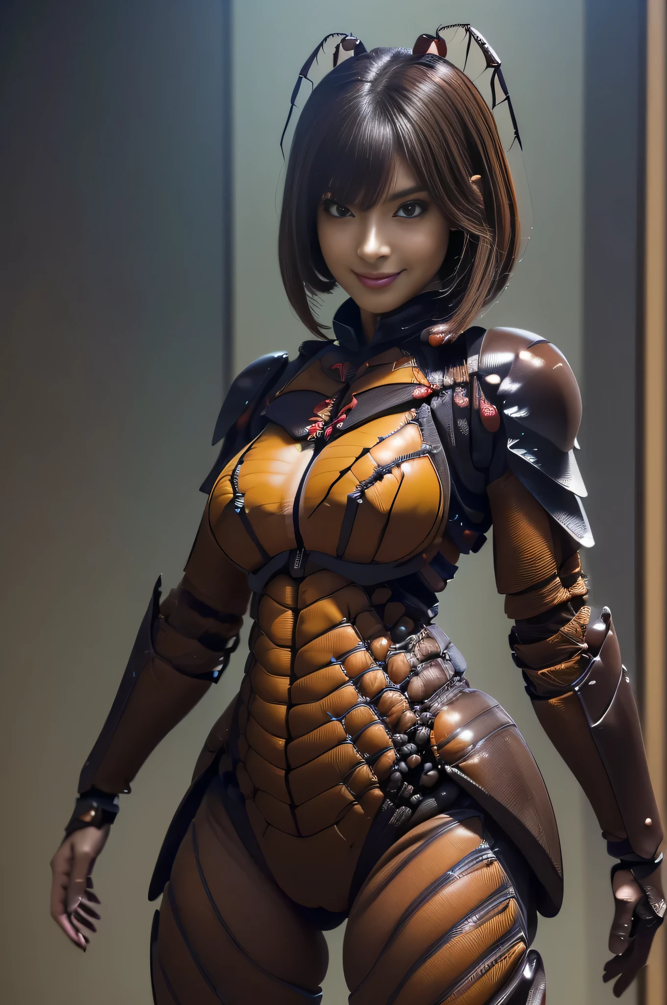 (high resolution,masterpiece,best quality,extremely detailed CG, anime, official art:1.4), realistic, photo, amazing fine details, all intricate, gloss and shiny,awesome many layers, 8k wall paper, 3d, sketch, kawaii, illustration,( solo:1.4), perfect female proportion,villainess, (fusion of dark brown cockroach and lady:1.4), (brown cockroach form lady:1.2), (brown cockroach lady:1.2), (fusion:1.2), (solo:1.4), (evil smile:1.2), muscular, abs, (cockroach brown exoskeleton bio insect suit:1.4), (cockroach brown exoskeleton bio insect armor:1.2), (brown transparency cockroach wing:1.4), (brown cockroach antennae:1.3),