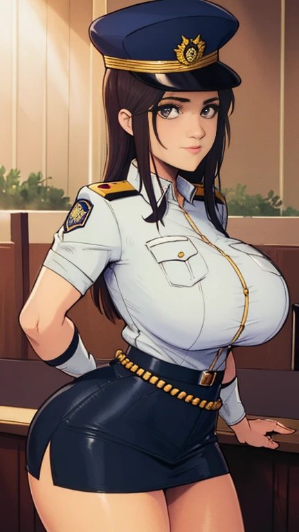 ( top quality, masterpiece,   Closeup RAW photo , super detailed:1.2),   Policeman being caressed by an audience 、  Police Uniform、   miniskirt (length)、Big Breasts、  sexy body