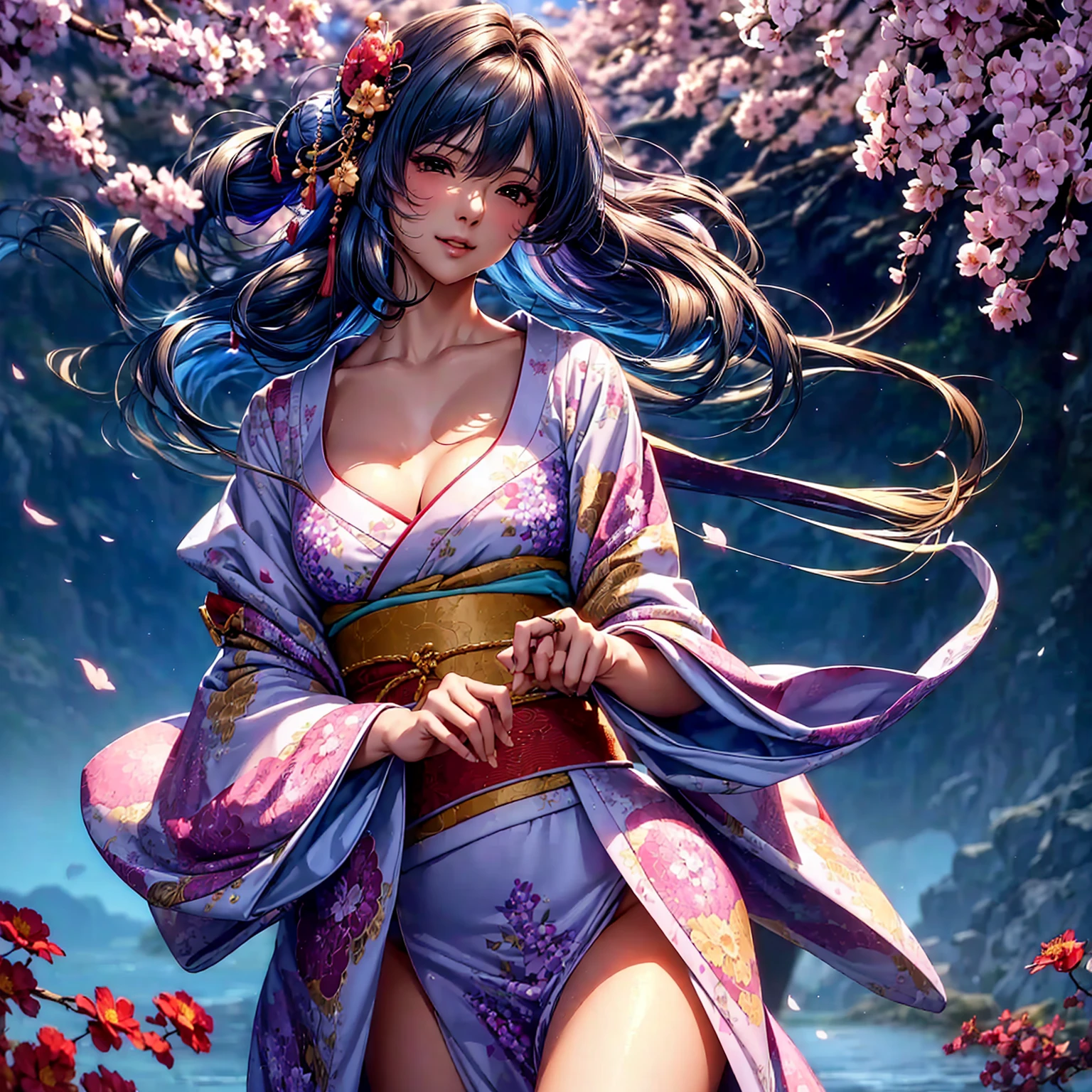 (((highest quality、masterpiece、8K quality,very high resolution)))、((A woman of perfect and ultimate beauty:24-years-old:Yamato Nadeshiko))、(beautiful face:smile、beautiful hair:Japanese hair decoration、beautiful body:Slender and beautiful breasts)、(best skin and hair texture、realistic textured skin、Realistic textured hair)、(Beautiful Japan kimono:Japanese pattern and purple:Layering,Kimono sleeves and obi are long,outstretched arm,Exposed shoulders from kimono,I can see the cleavage,whole body,I can see my thighs,Hair flutters under the influence of the wind,The sleeves and obi of the kimono flap in the wind.),(Mysterious waterfront:beautiful cherry blossoms and waterfall,Fantastic night sky and beautiful full moon,lantern,beautiful scenery,beautiful scenery,Beautiful colors)、(bijinga:1.2,realistic portrait)、dynamic movement,dynamic angle,dynamic pose,model shoot,Overall image、accurate anatomy、highly detailed images、accurate image、perfect image、Image without defects、natural soft light、beautiful images、beautiful anime woman, beautiful art style, anime character、(best shot:1.2,RAW photo:1.2)