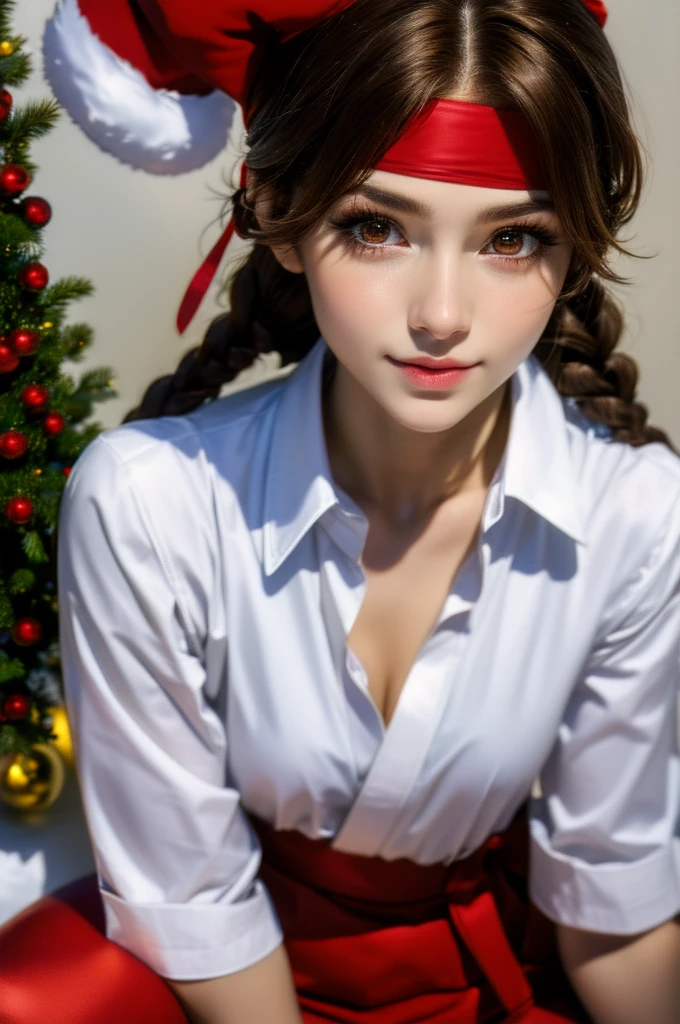 Brown hair, 1woman, sitting, realistic, detailed, beautiful face, Brown eyes, Japan face, makeup, white shirt, BLUE pants, gloves, Christmas tree, Christmas gift, Christmas, perfect hands, red headband, braids, waist, (red Christmas hat)