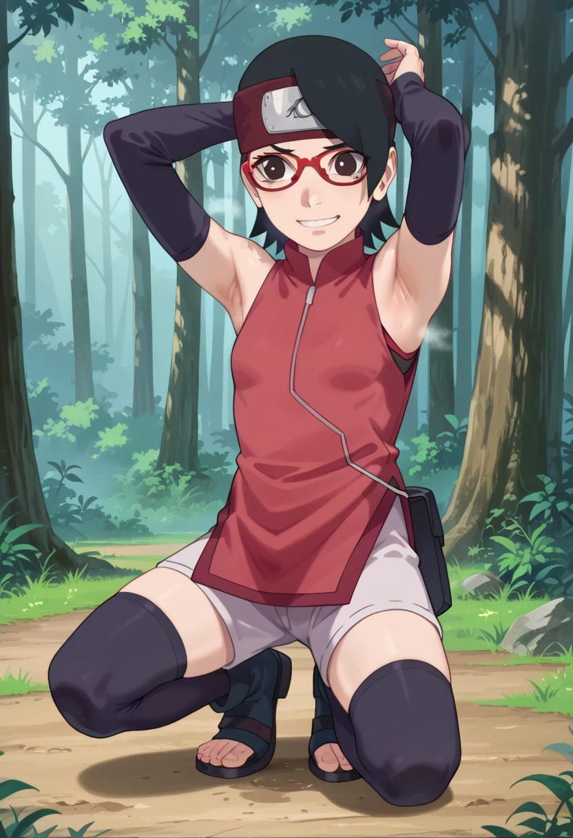  1 girl, nsfw,hughres, , short hair,  red frame glasses  , dark eyes, black hair ,  worried expression ,smile，small breasts, headband, red sleeveless dress, detached sleeves, shorts, thighhighs, toeless shoes ,forest,Armpit,Armpit wrinkles,Armpit smell,Armpit juice, arms up,stretch,pubic hair, underhair,squat down,, Embarrassing