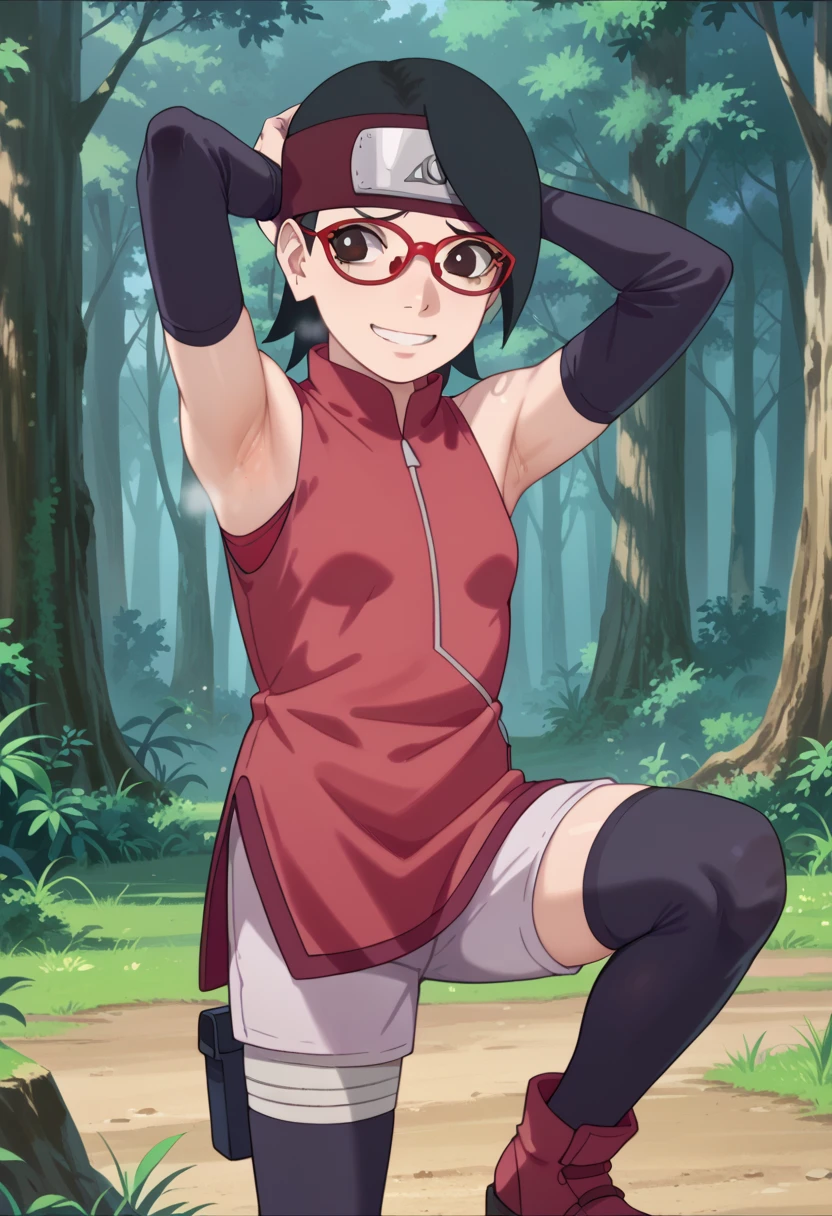  1 girl, nsfw,hughres, , short hair,  red frame glasses  , dark eyes, black hair ,  worried expression ,smile，small breasts, headband, red sleeveless dress, detached sleeves, shorts, thighhighs, toeless shoes ,forest,Armpit,Armpit wrinkles,Armpit smell,Armpit juice, arms up,stretch,pubic hair, underhair,squat down,, Embarrassing