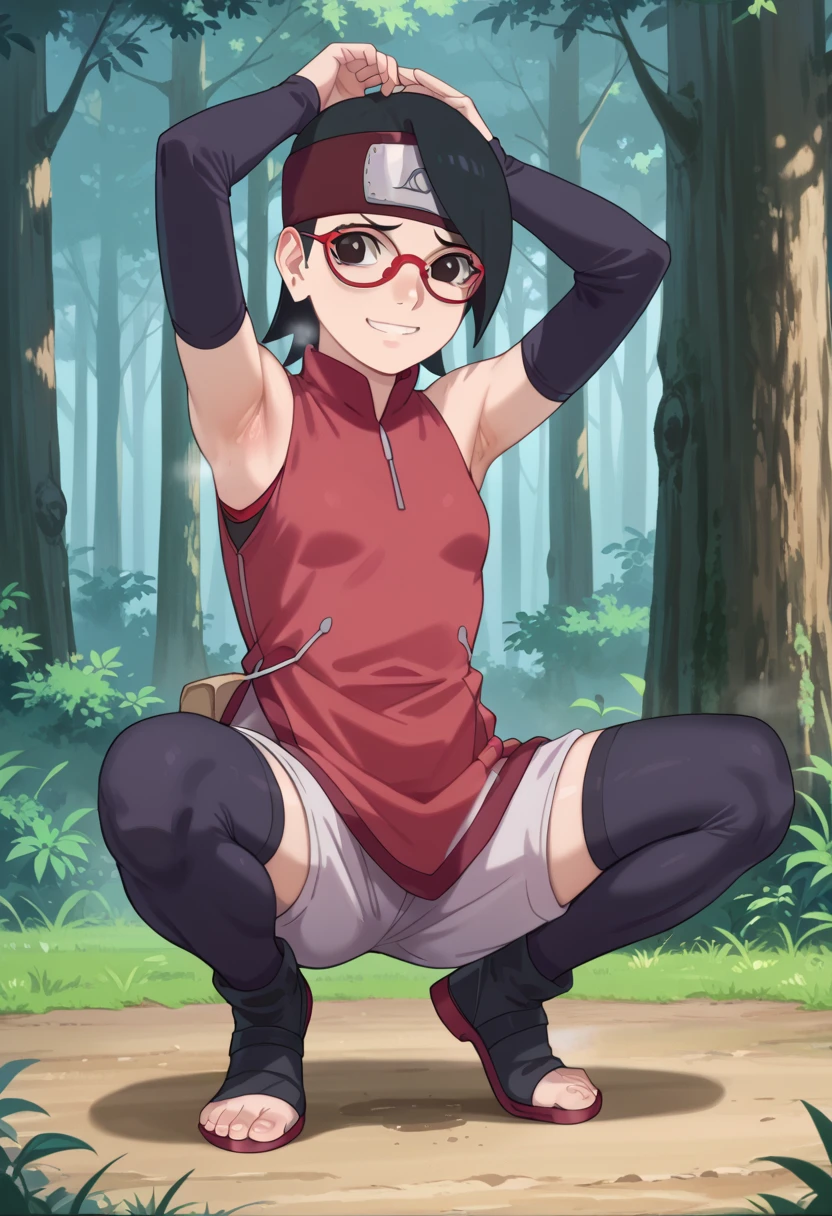  1 girl, nsfw,hughres, , short hair,  red frame glasses  , dark eyes, black hair ,  worried expression ,smile，small breasts, headband, red sleeveless dress, detached sleeves, shorts, thighhighs, toeless shoes ,forest,Armpit,Armpit wrinkles,Armpit smell,Armpit juice, arms up,stretch,pubic hair, underhair,squat down,, Embarrassing