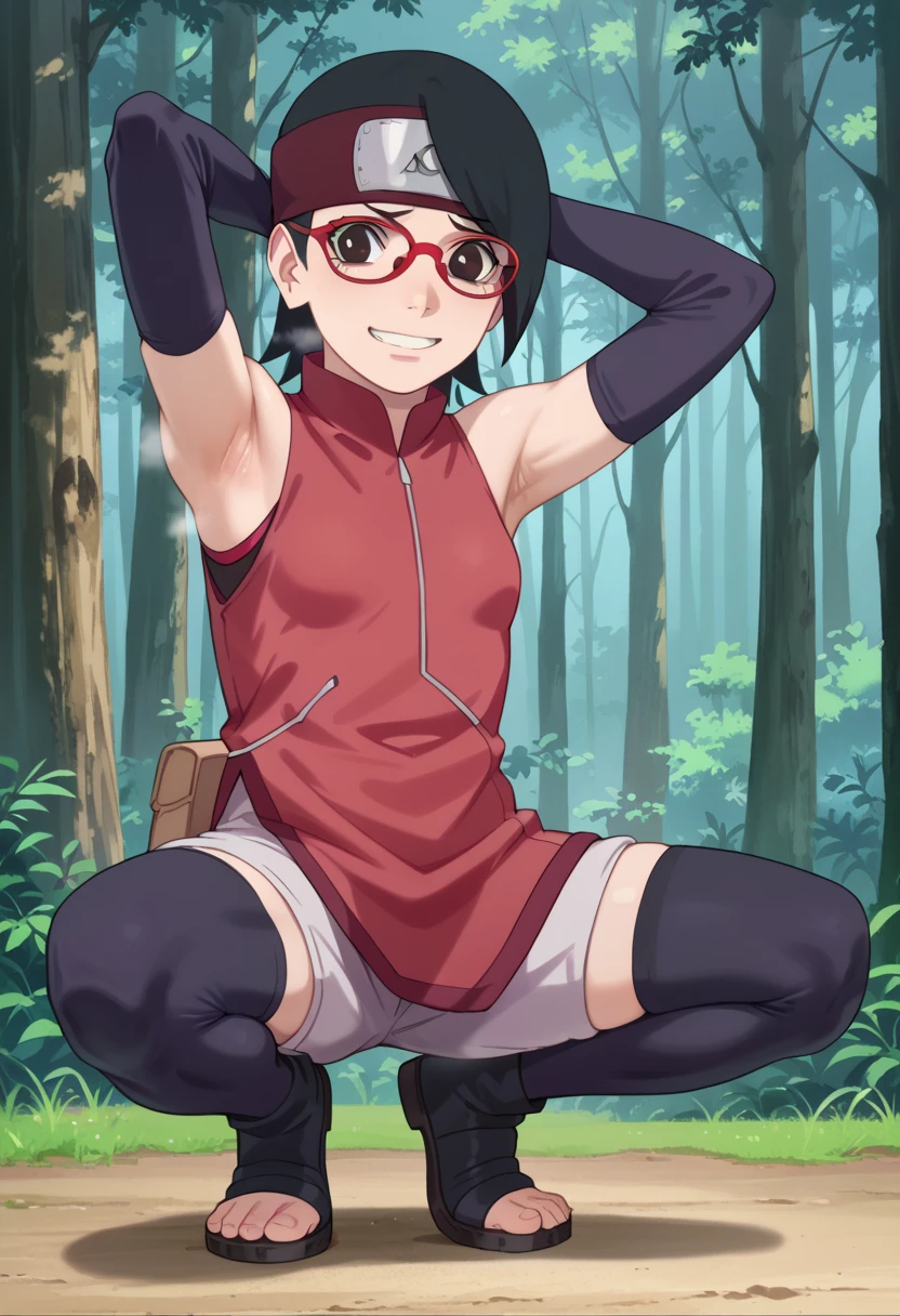  1 girl, nsfw,hughres, , short hair,  red frame glasses  , dark eyes, black hair ,  worried expression ,smile，small breasts, headband, red sleeveless dress, detached sleeves, shorts, thighhighs, toeless shoes ,forest,Armpit,Armpit wrinkles,Armpit smell,Armpit juice, arms up,stretch,pubic hair, underhair,squat down,, Embarrassing