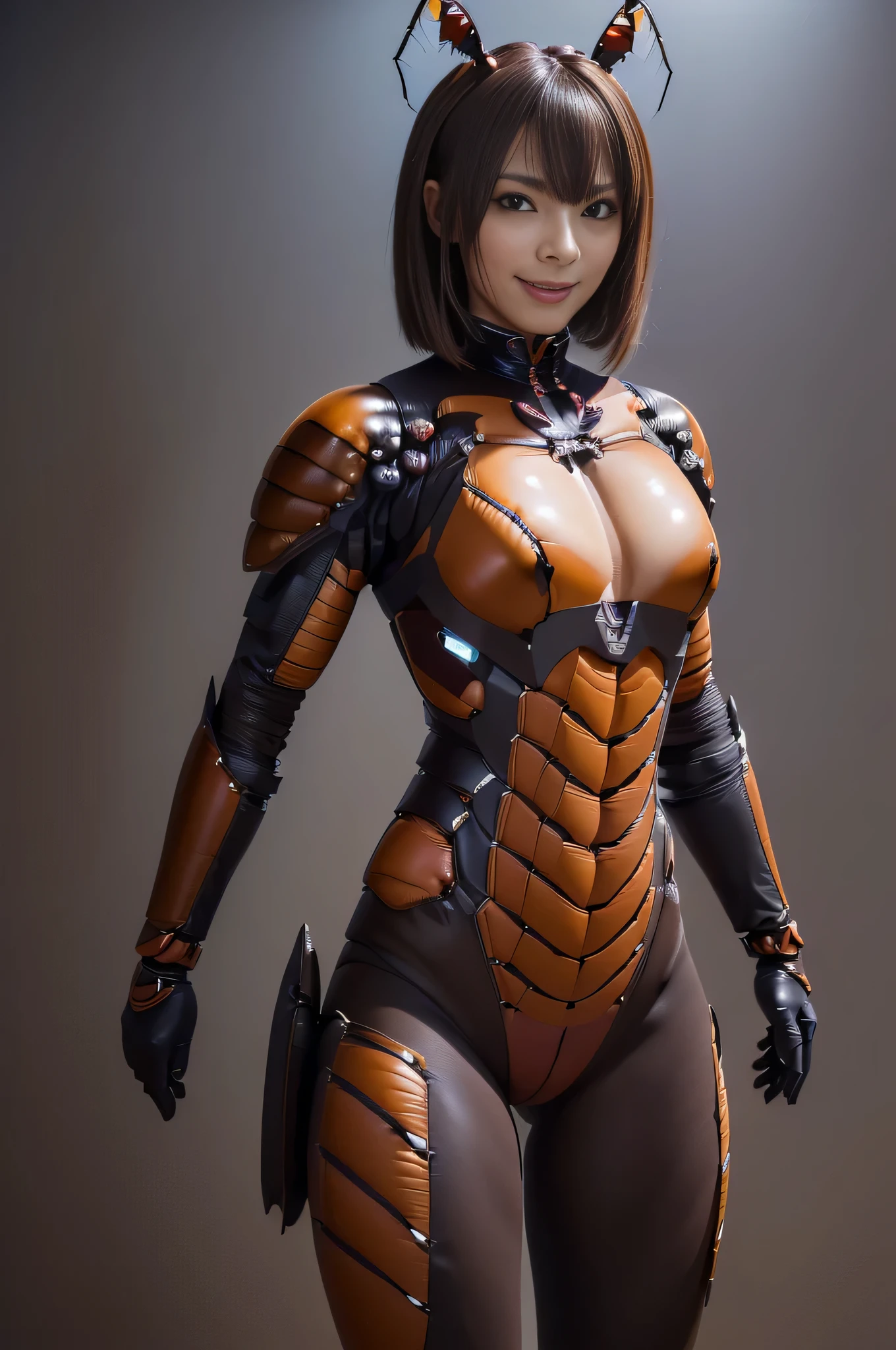 (high resolution,masterpiece,best quality,extremely detailed CG, anime, official art:1.4), realistic, photo, amazing fine details, all intricate, gloss and shiny,awesome many layers, 8k wall paper, 3d, sketch, kawaii, illustration,( solo:1.4), perfect female proportion,villainess, (fusion of dark brown cockroach and lady:1.4), (brown cockroach form lady:1.2), (brown cockroach lady:1.2), (fusion:1.2), (solo:1.4), (evil smile:1.2), muscular, abs, (cockroach brown exoskeleton bio insect suit:1.4), (cockroach brown exoskeleton bio insect armor:1.2), (brown transparency cockroach wing:1.4), (brown cockroach antennae:1.3),