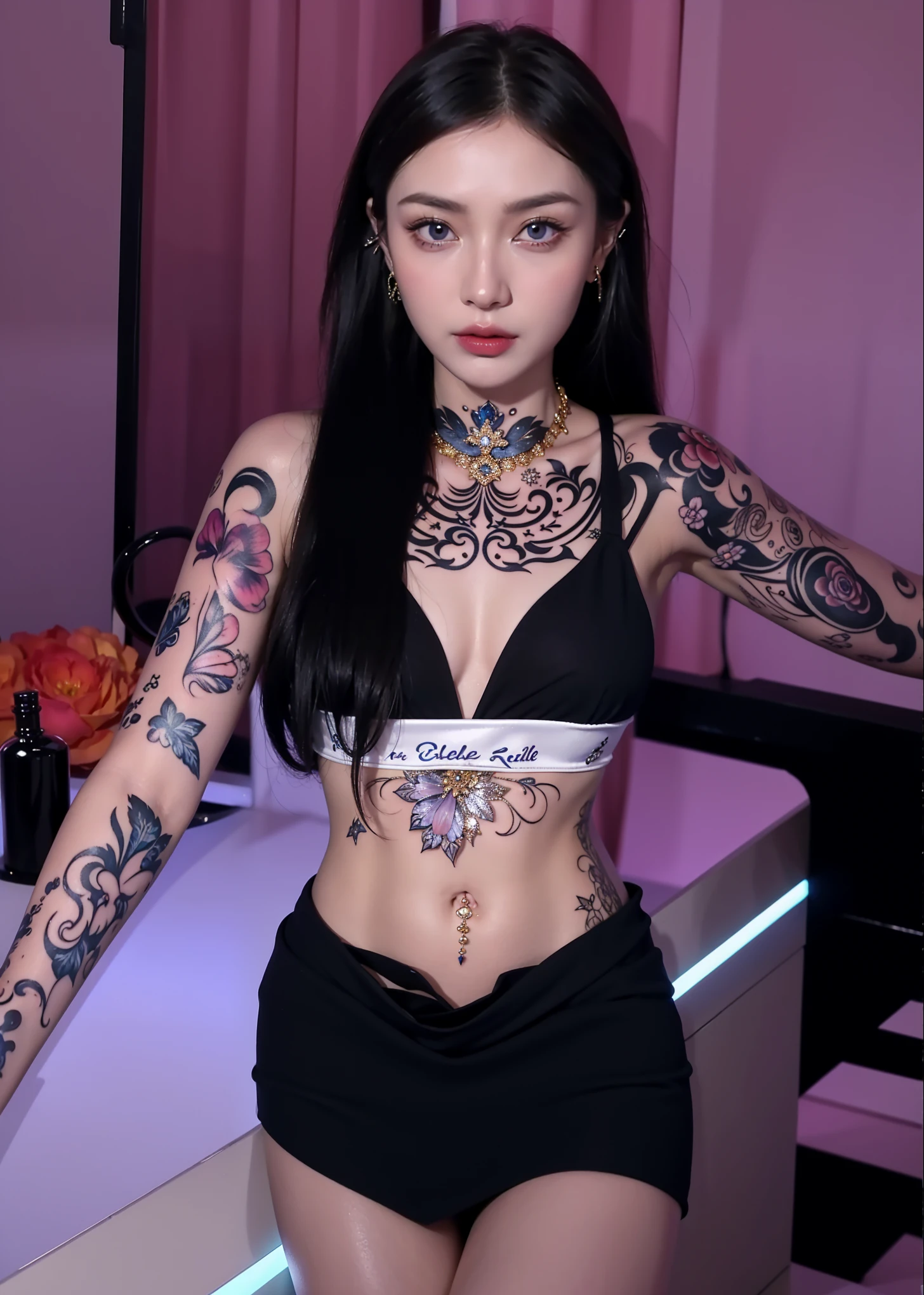 The Arad woman sat on the bed,There are tattoos on the arms and legs, Sexy look, gorgeous chinese models, shot on canon eos r 5, Shot on a Canon EOS R5, Inspired by Huang Ji, Sexy :8, Sexy pose, Korean girl, full-body xianxia, of taiwanese girl with tattoos, Choi Hyun-hwa