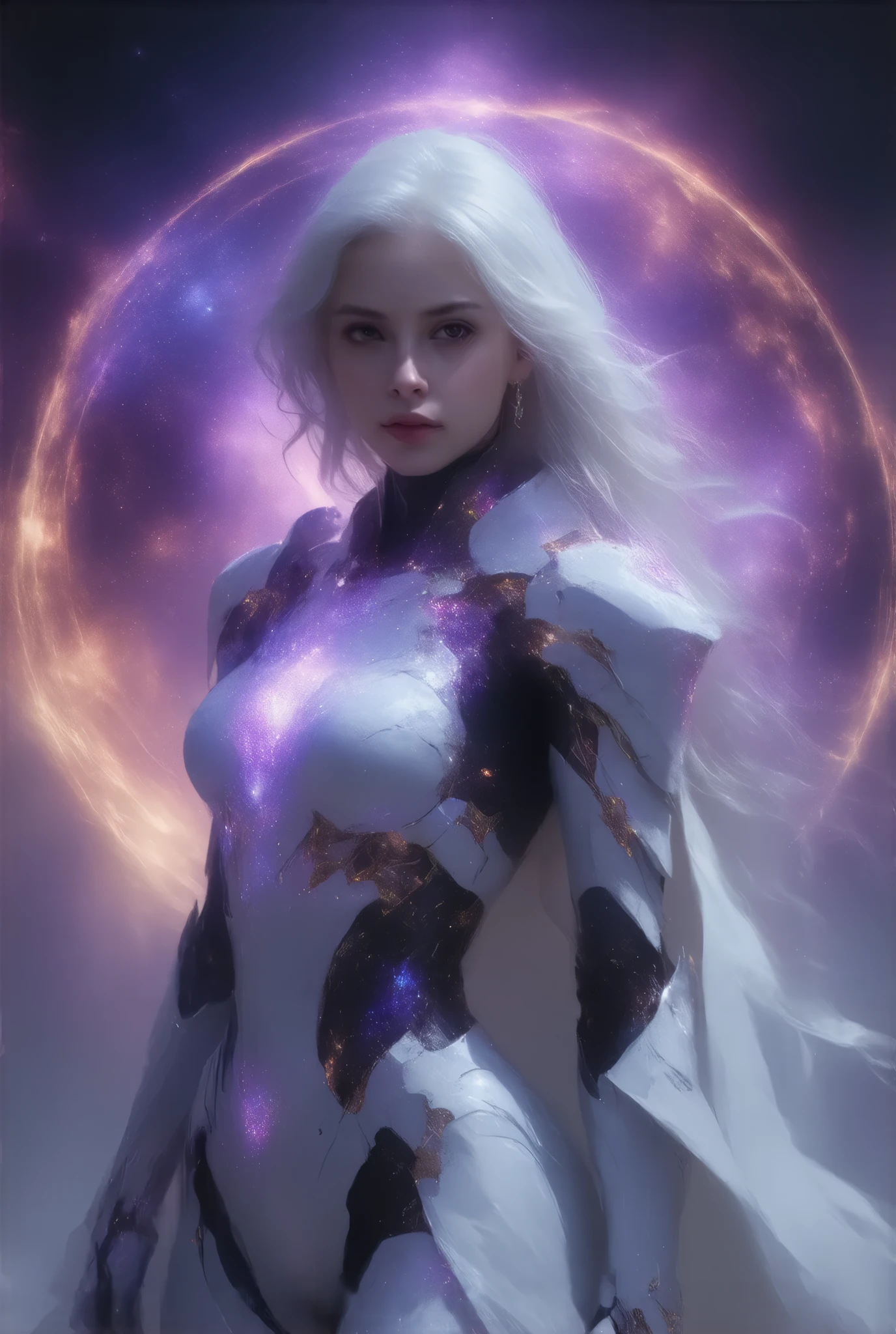 space war, 8K resolution, masterpiece, Highest quality, Award-winning works, unrealistic, Only sexy women, healthy shaped body, Age 25, White wavy long hair, hair band, 、((large breasts:1.2), (huge breasts:1.2), (Uplifted and well-defined bust:1.2), (lifted chest:1.2), (perky breasts :1.2),(deep cleavage:1.4), (Beautiful salmon pink erect nipples:1.5)) and a huge waist, (sexy long legs, whole body picture:1.5), , Space Commander&#39;s Armor, Complex Armor, royal coat of arms, elegant, Very detailed, Digital Painting, artステーション, コンセプトart, Smooth, Sharp focus, shape, artジャム、Greg Rutkowski、Alphonse Mucha、William Adolphe Bouguereau、art：Stephanie Law , Magnificent cosmic background, Royal Jewel, nature, Full Shot, Symmetric, Greg Rutkowski, Charlie Bowwater, beep, Unreal 5, Surreal, Dynamic Lighting, ファンタジーart, Complex colors, Colorful magic circle, flash,  dynamic sexy pose,  A robot suit with a complex structure, Complex colorsのロボットスーツ, Tight robot suit, space war, Movie battle scenes,