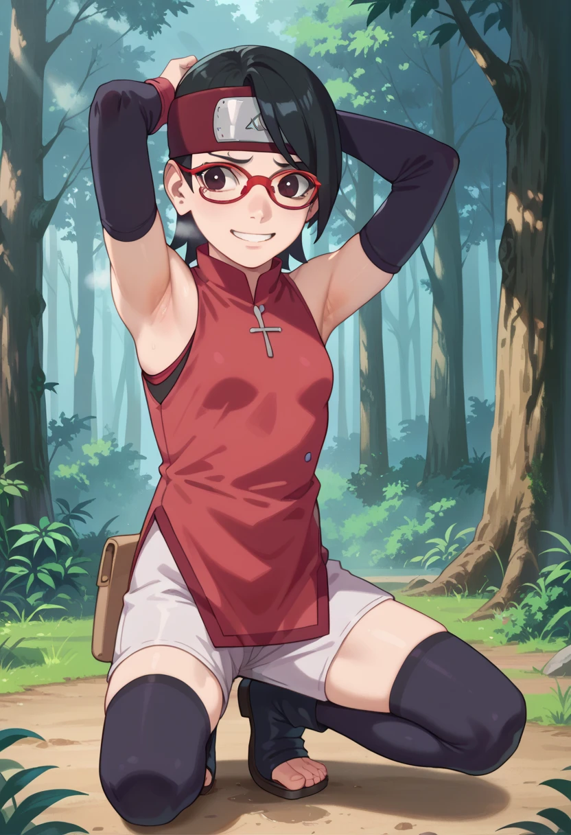  1 girl, nsfw,hughres, , short hair,  red frame glasses  , dark eyes, black hair ,  worried expression ,smile，small breasts, headband, red sleeveless dress, detached sleeves, shorts, thighhighs, toeless shoes ,forest,Armpit,Armpit wrinkles,Armpit smell,Armpit juice, arms up,stretch,pubic hair, underhair,squat down,, Embarrassing