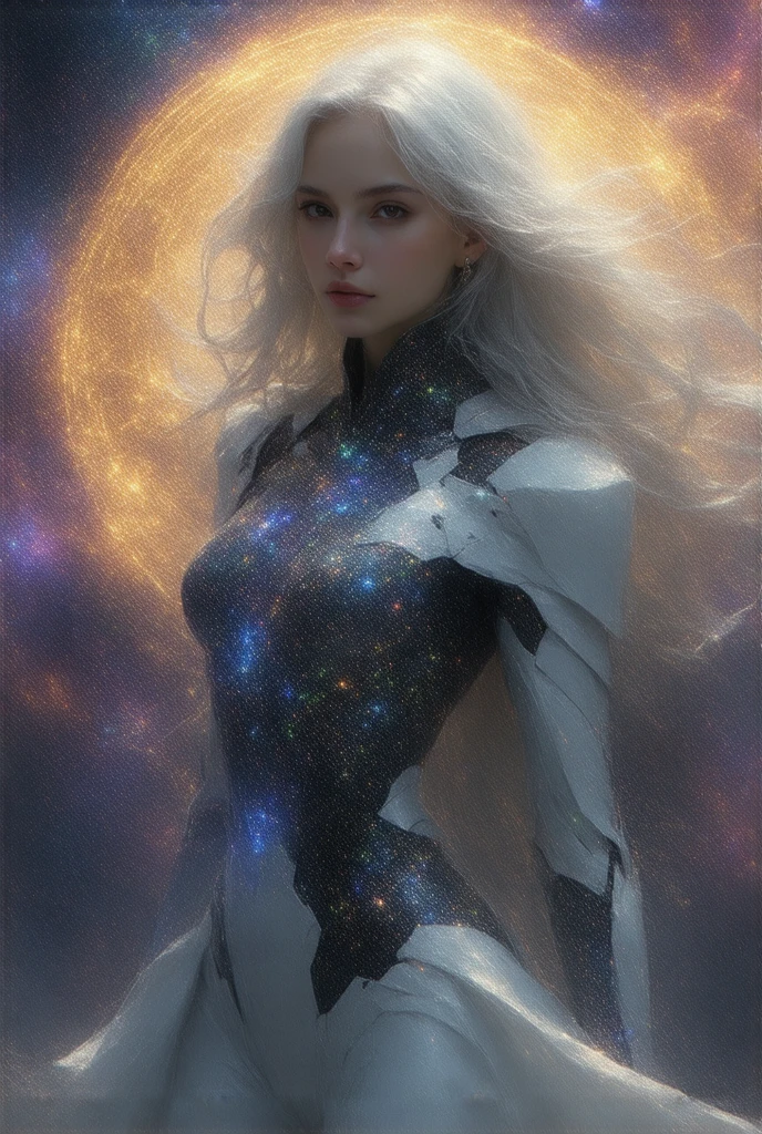 space war, 8K resolution, masterpiece, Highest quality, Award-winning works, unrealistic, Only sexy women, healthy shaped body, Age 25, White wavy long hair, hair band, 、((large breasts:1.2), (huge breasts:1.2), (Uplifted and well-defined bust:1.2), (lifted chest:1.2), (perky breasts :1.2),(deep cleavage:1.4), (Beautiful salmon pink erect nipples:1.5)) and a huge waist, (sexy long legs, whole body picture:1.5), , Space Commander&#39;s Armor, Complex Armor, royal coat of arms, elegant, Very detailed, Digital Painting, artステーション, コンセプトart, Smooth, Sharp focus, shape, artジャム、Greg Rutkowski、Alphonse Mucha、William Adolphe Bouguereau、art：Stephanie Law , Magnificent cosmic background, Royal Jewel, nature, Full Shot, Symmetric, Greg Rutkowski, Charlie Bowwater, beep, Unreal 5, Surreal, Dynamic Lighting, ファンタジーart, Complex colors, Colorful magic circle, flash,  dynamic sexy pose,  A robot suit with a complex structure, Complex colorsのロボットスーツ, Tight robot suit, space war, Movie battle scenes,