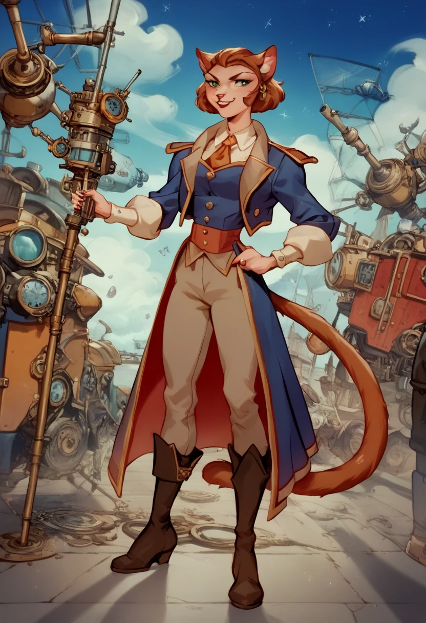 Captain Amelia,young,adventurer,adventurous,cat girl, long tail,confident expression,adventurer outfit,dangerous situation, steampunk space setting,vibrant colors and tone