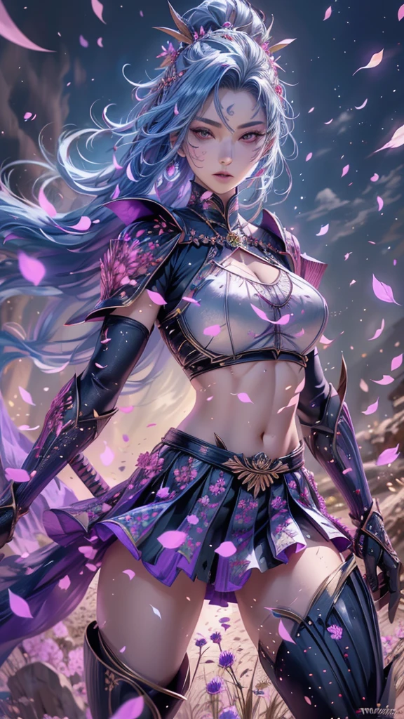  A young Japanese woman , warrior,  Wicked Expression ,,Combat Stance, wielding a sword,  very detailedな,  full body view,(spread legs),    Brilliant Appearance , Creative Action,  Extremely Detailed , Imaginative,  sensual,  Spontaneous ,  top quality,  skin texture,  ((long hair)),  ((hair over eyes)),  ((midnight blue hair)),   toned body,  ((huge breasts)),  Big Breasts,   plump thighs,   Purple armor with a thistle flower pattern engraved on it is a bikini type design that emphasizes chest exposure,  ( Wear a black cloak with a thistle flower pattern ),  peplum skirt,   black shin guard with thistle flowers engraved ,  White high-leg underwear ,  Black tights,   absolute domain,  Intricate Details , ( Cinematic Lighting ),  Dramatic lighting,  ((Clear Sky Thunderbolt)),  (( Full bloom thistle flowers are blooming in full bloom in the background )),  (( Large thistle flowers in full bloom on the front )),    RAW photos , 8k, masterpiece,   top quality, ultra detailed , Extremely Detailed イラスト, very detailed,  Intricate Details , high definition ,超 Intricate Details, very detailed 8k cg wallpaper,