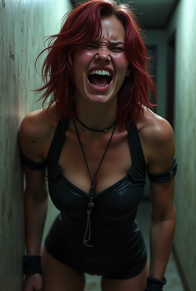 model woman pink haired goth haireye angry teeth eye liner restroom very scary
