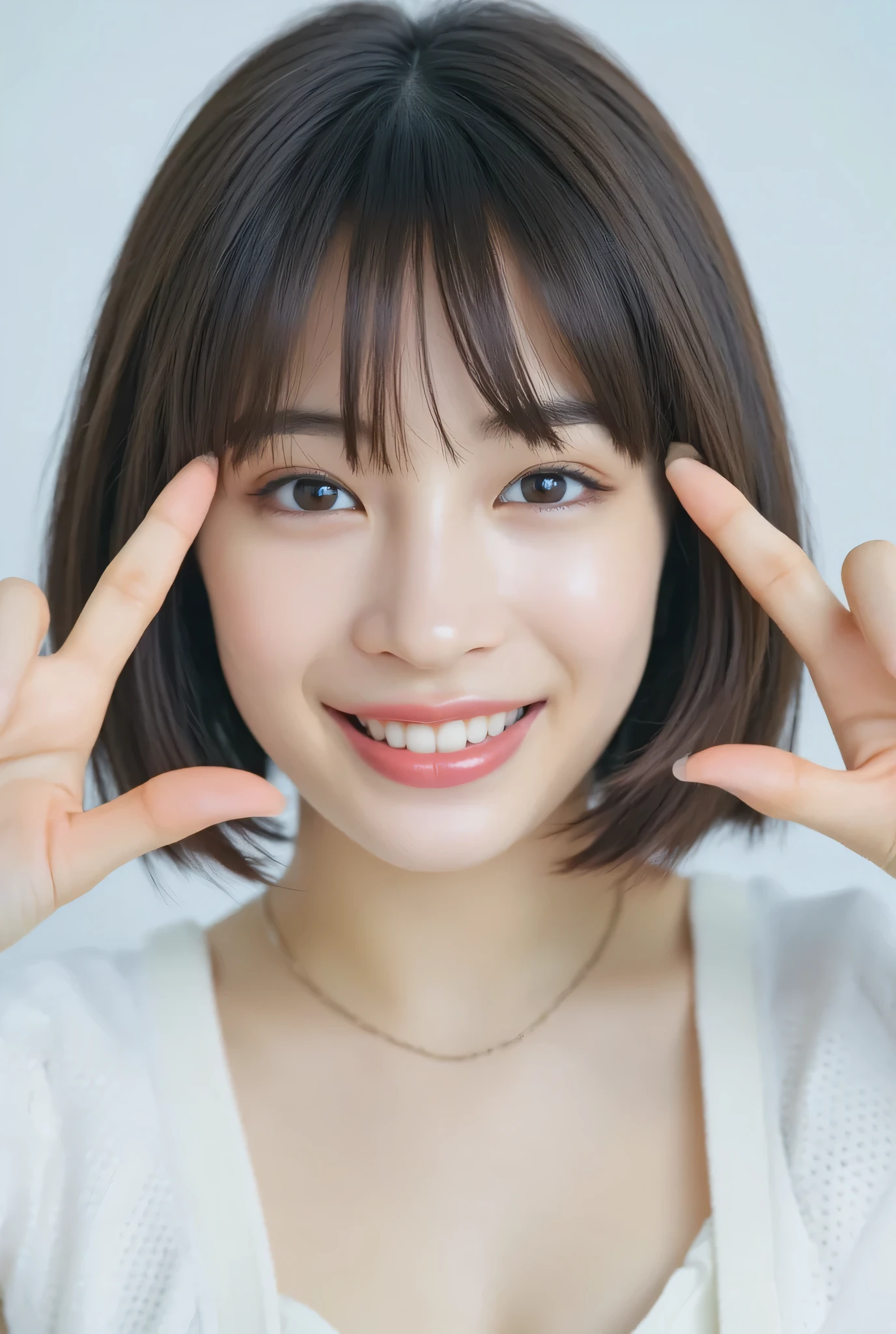 Smile :2.0、 (Ultra-precise human anatomy ,  top quality、 RAW photo、8k、32K、masterpiece、 realistic 、 photorealistic:1.37)、Cute Japanese women images、{{{Can you see through、 white lace bra：1.8}}}、）、 upper body、｛ One Girl :smile:18 years old、｛ long eyelashes： mascara：Double Eyes｝,Photo Mapping、Physically based rendering、 high image quality、 high definition 、1080P、( beautiful face)、(Detailed description of the face)、( Detailed description of the hand setter&#39;Muscle area)、( detailed eyes: Clear }}、 Rich details 、( Stunning Features :1.35)、( Details Eyes )、 of cute ladies are looking forward to your eyes、Delicate clavicle、{{ Various Poses}}、  a very realistic and detailed portrait of a young woman's upper body,{Pale skin is pretty 、  Soft light is reflected in the high part of the cheek  .、 Tiny pores and hair follicles、 You can see even the thinnest blood vessels 。The skin is smooth、natural flushing of cheeks 、Healthy glow。 The eyes are large and clear blue、Her iris has fine patterning、 Light is reflecting and shining in the eye。 There is a slight shadow under her eye 、{{{ Her eyelashes are long and naturally curled:1.8}}}。 her lips are soft pink 、Smooth texture with a natural glow、 Slightly reflects light。  the woman wears a simple white top  .、 background is pale black and white gradation .、The focus is entirely on the face and upper body  。 realistic  shadows and textures、 picture-like depiction.。
