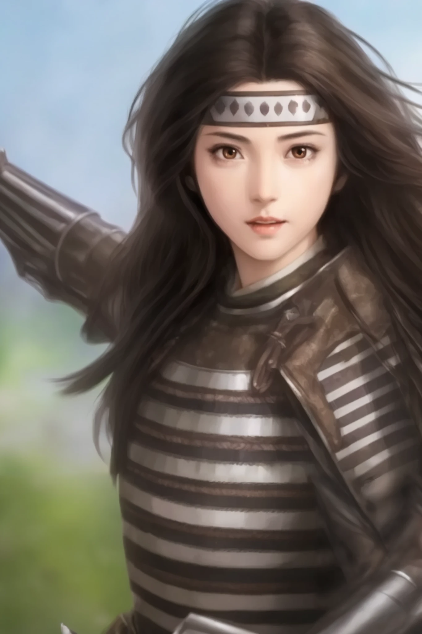   young woman、  Prairie in the morning 、   upper body only、The light in your eyes、 curly eyes  、Two-dimensional elements  、Woman wearing brown Japanese armor、excited face  、Sharp Eyesight 、 Passionate look 、  Long Black Hair 、 big eyes、 High Angle、 planted 