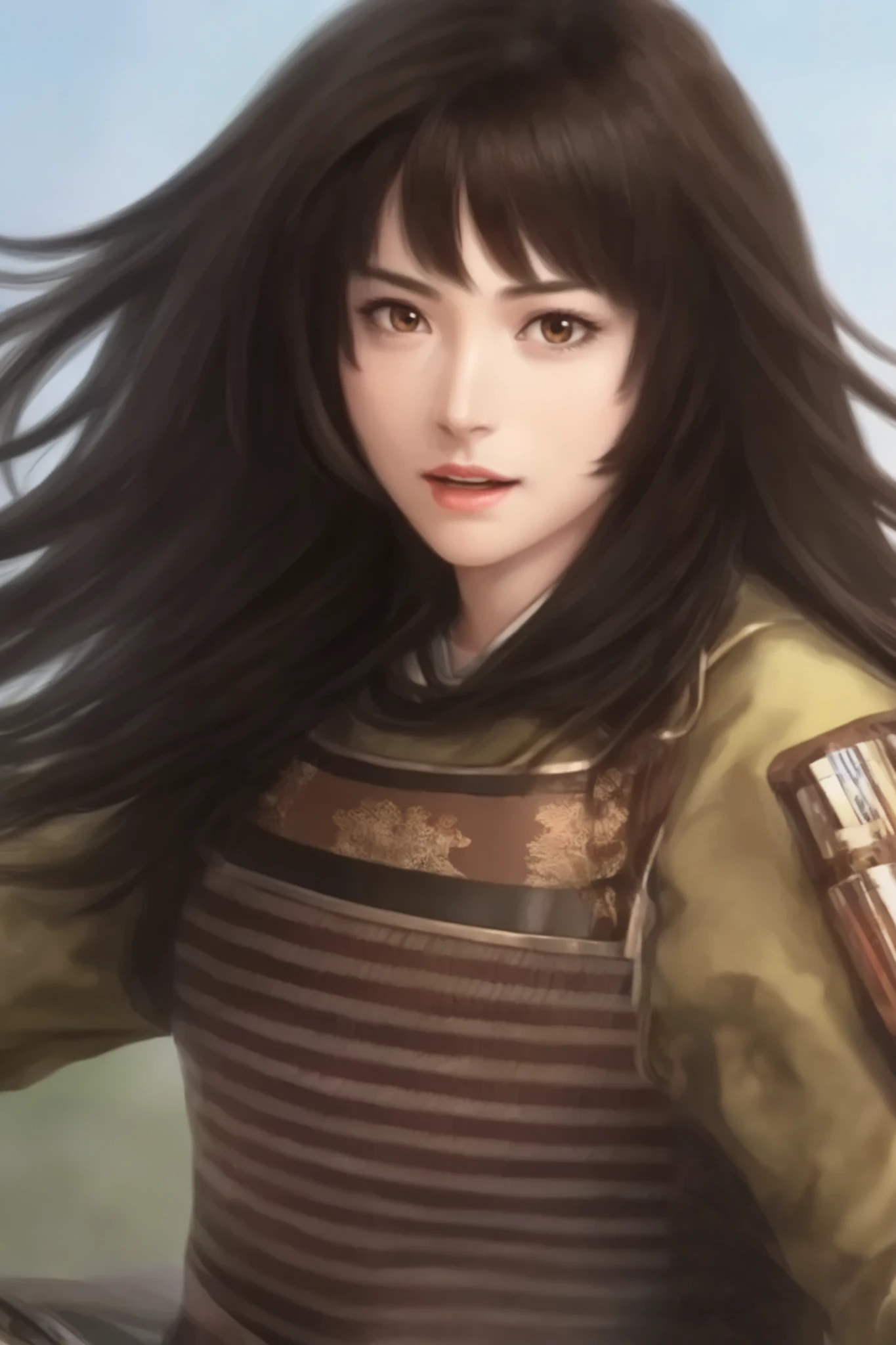   young woman、  Prairie in the morning 、   upper body only、The light in your eyes、 curly eyes  、Two-dimensional elements  、Woman wearing brown Japanese armor、excited face  、Sharp Eyesight 、 Passionate look 、  Long Black Hair 、 big eyes、 High Angle、 planted 