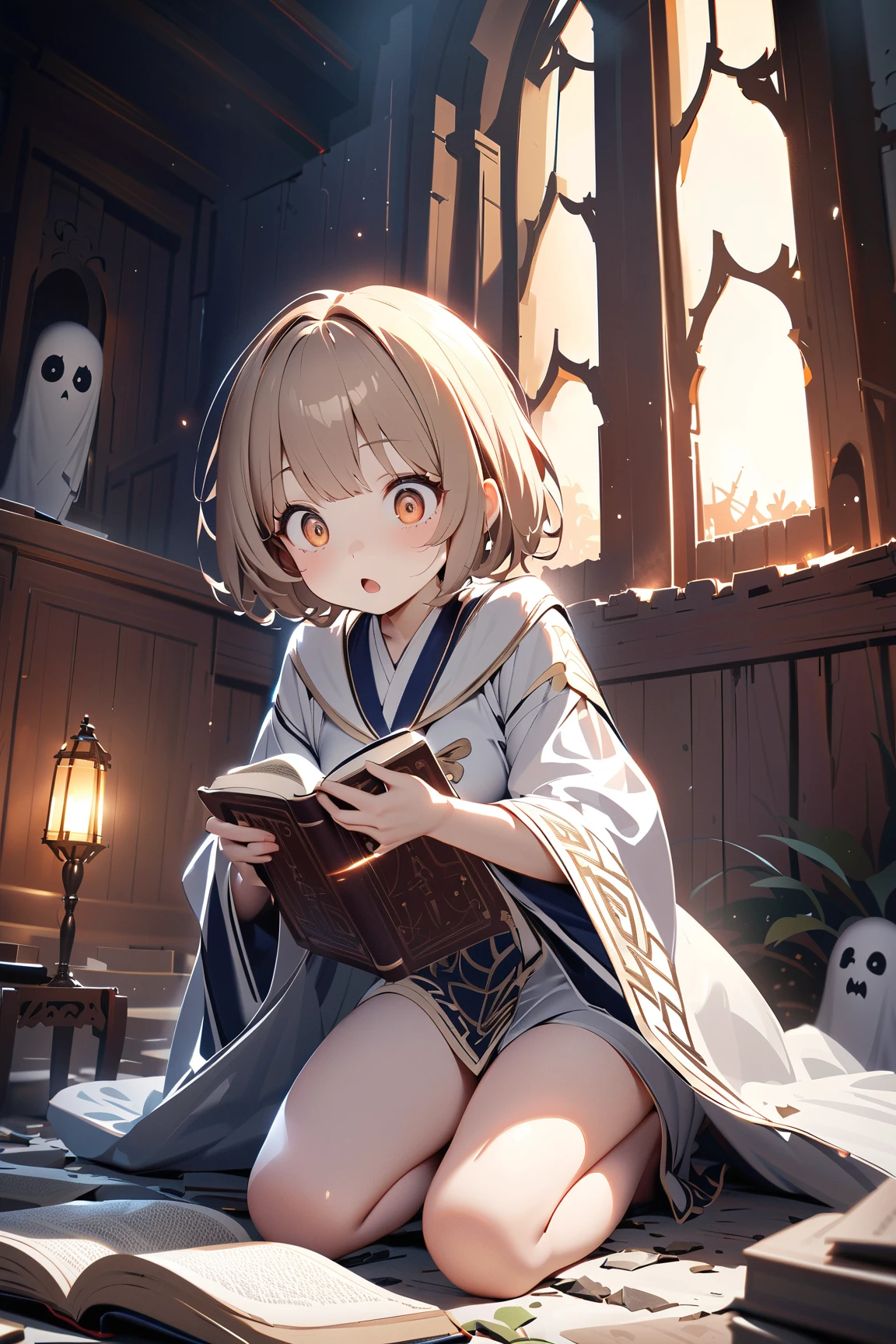 1 girl, (cute face), , short hair, (frightened expression), (wide eyes), medium breasts, slim, (wearing a flowing priestess robe with intricate patterns), knee length, (fair skin),  
BREAK  
Haunted ruins, eerie mist, ghostly figure floating, (cowering behind a large holy book:1.2), (trembling in fear:1.2), outdoors  
BREAK  
(mysterious lighting, glowing effects, playful shadows), comedic and spooky atmosphere, action shot, character focus,  
BREAK  
high fantasy, game cg, absurdres, highres, ultra detailed, beautiful, (masterpiece), (best quality:1.2),  
