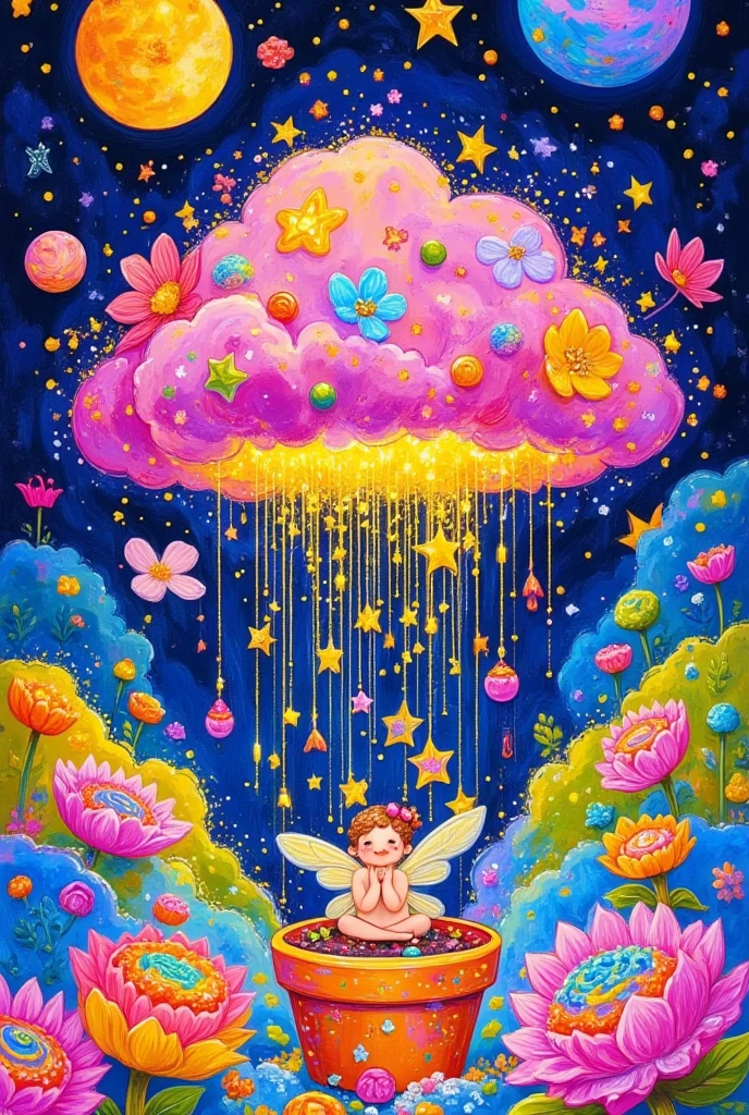  artist from the stars ，Psychedelic Art，Pointillism， colorful black ，There is a painting，  There is a fairy in the flower pot in the painting, Wonderful fantasy landscape art ,  a beautiful art illustration , 异想天开的 surrealism ,  Color illustrations , very surreal garden, 神奇的 surrealism ,  Lush Garden Spaceship , Shin Jin Hye Art, bloom. High Fantasy, author：Todd Wu , Friendly  ， wenjunlin,  surrealism ,  Fantastic Coronavirus Painting 