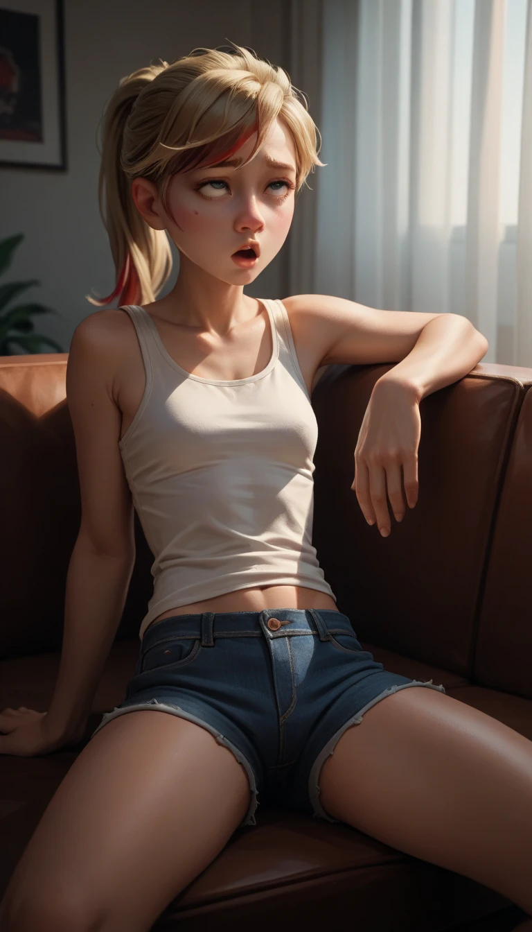 ri_, 1 ,  blonde ,   ponytail, portrait, only the face, ahegao,   from the front , red streak,   Sitting on the couch  ,   open legs  ,  ,  short jeans , Shorts justos, tight shorts, white tank top ,   marking small breasts, 