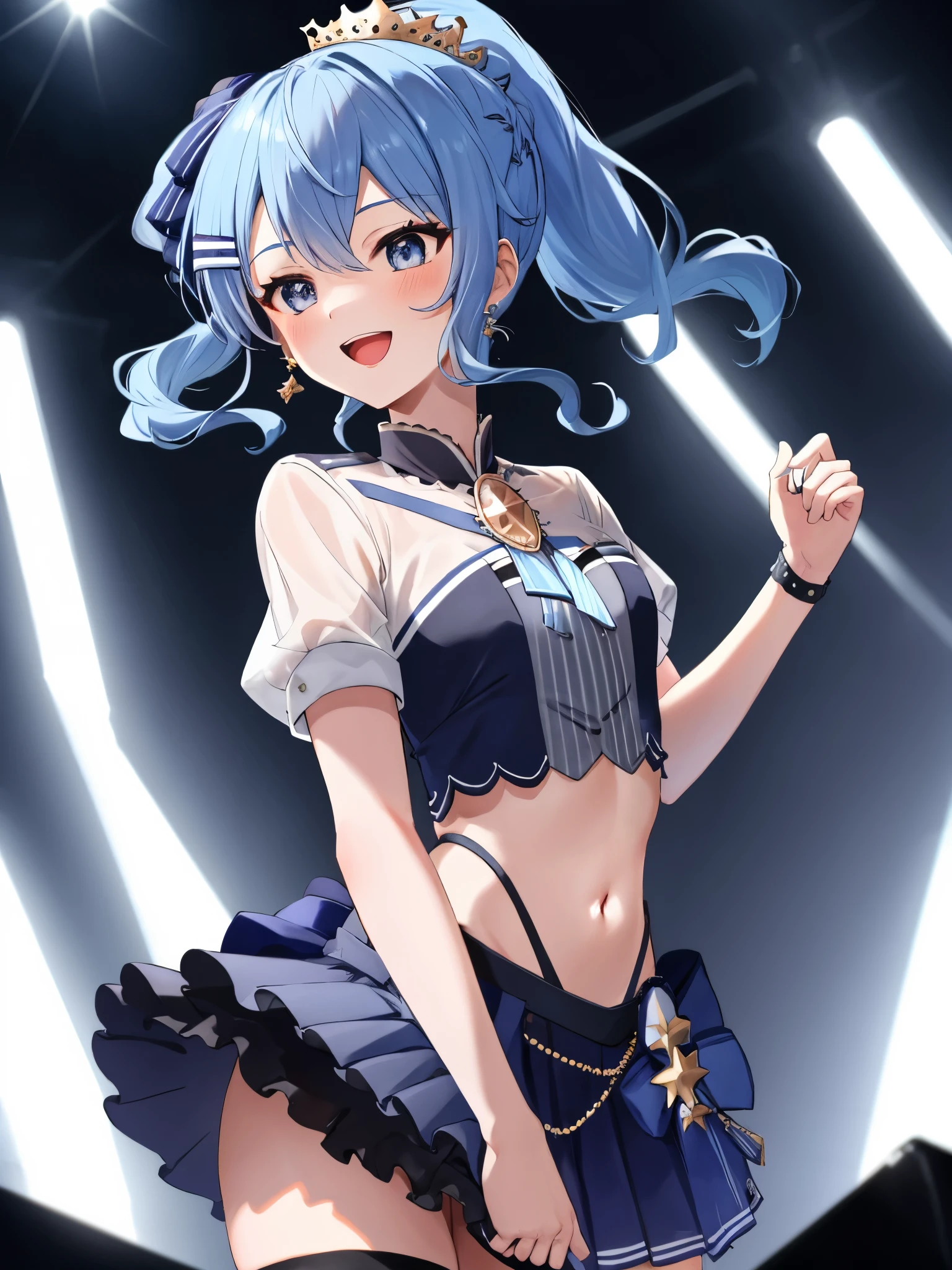 masterpiece, best quality, absurdres, 1girl, solo, Hoshimachi Suisei, light blue hair, blue eyes, happy, smile, parted lips, cowboy shot, sidelocks, ponytail, toned, 
idol, idol clothes, hololive idol uniform, bowtie, blue skirt, brooch, dress, concert, on stage, frilled skirt, jewelry, layered dress, short sleeves, tiara, midriff, thighhighs(,shout:1.3),.(open_mouth:1.3),singing,(angry:0.6), glare, idle_live,audience_landscape,light up_girl,solo,shiny_effects,smile。joy,happy,