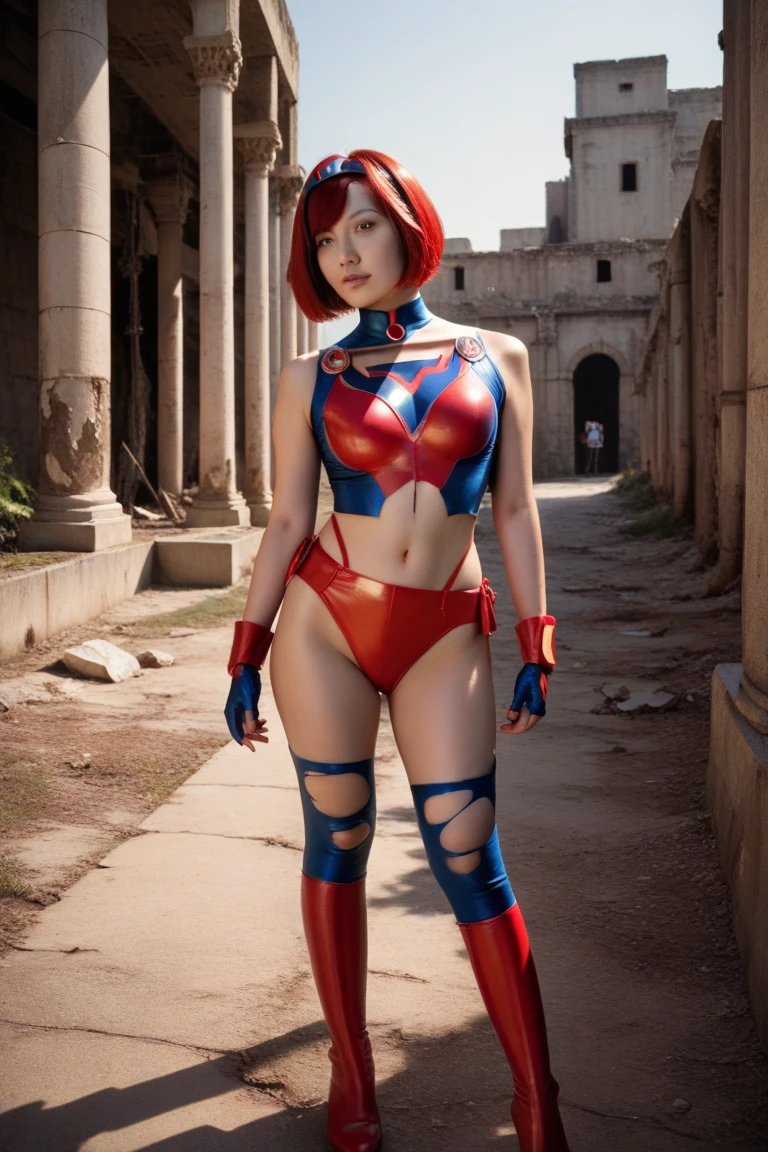 18years-old Japanese girl, very short cut, red hair, super hero costume, torn costume, nsfw, outdoor, midnight, ruins, Standing in honor, (best quality), (Very Aesthetic), (super detailed), (photorealistic),